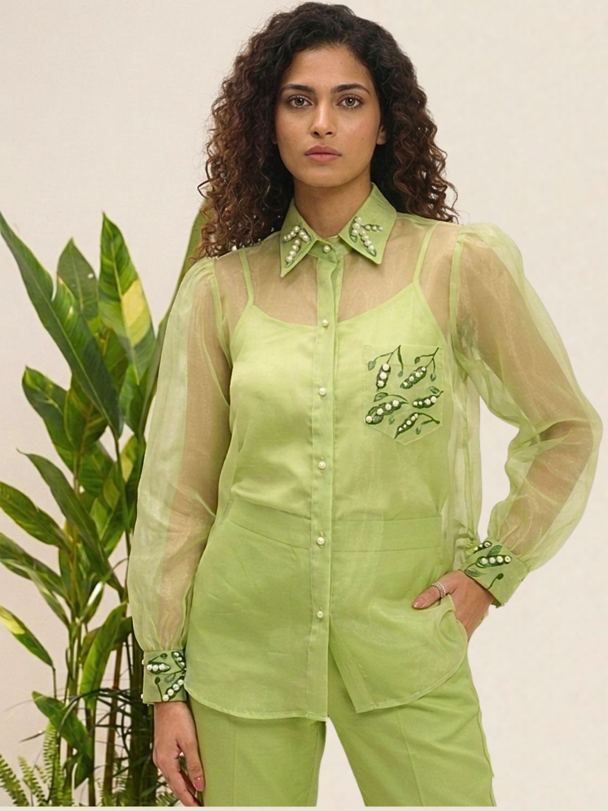 Pea Pod Green Organza Shirt with Balloon Sleeves