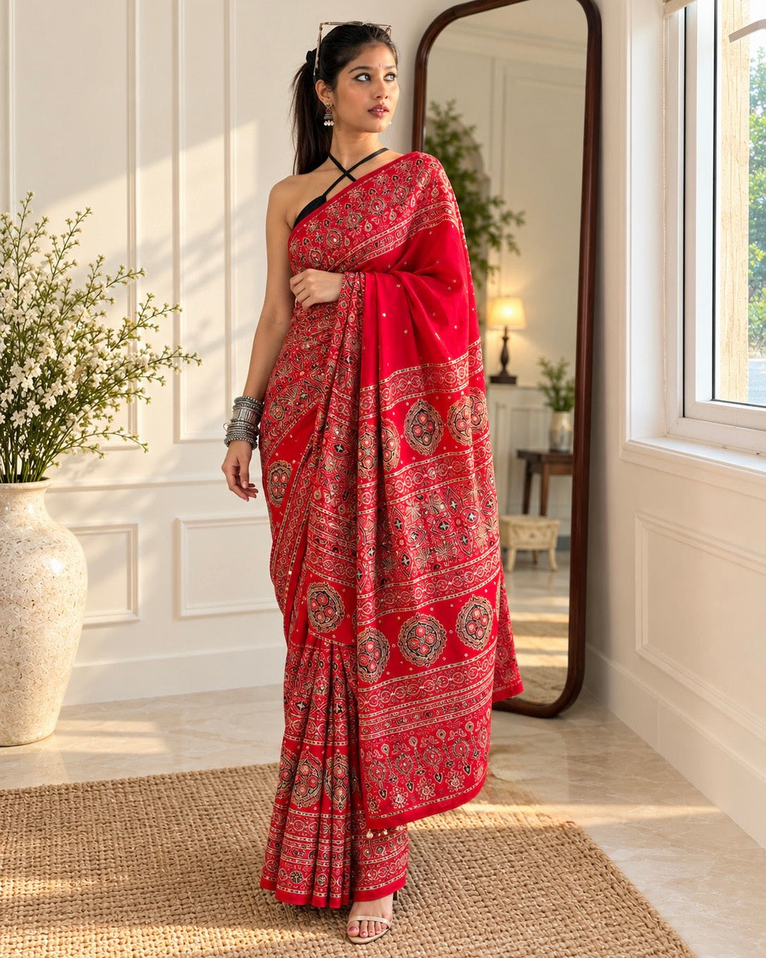 Ruhani Red Ajrakh Modal satin Handwork Saree