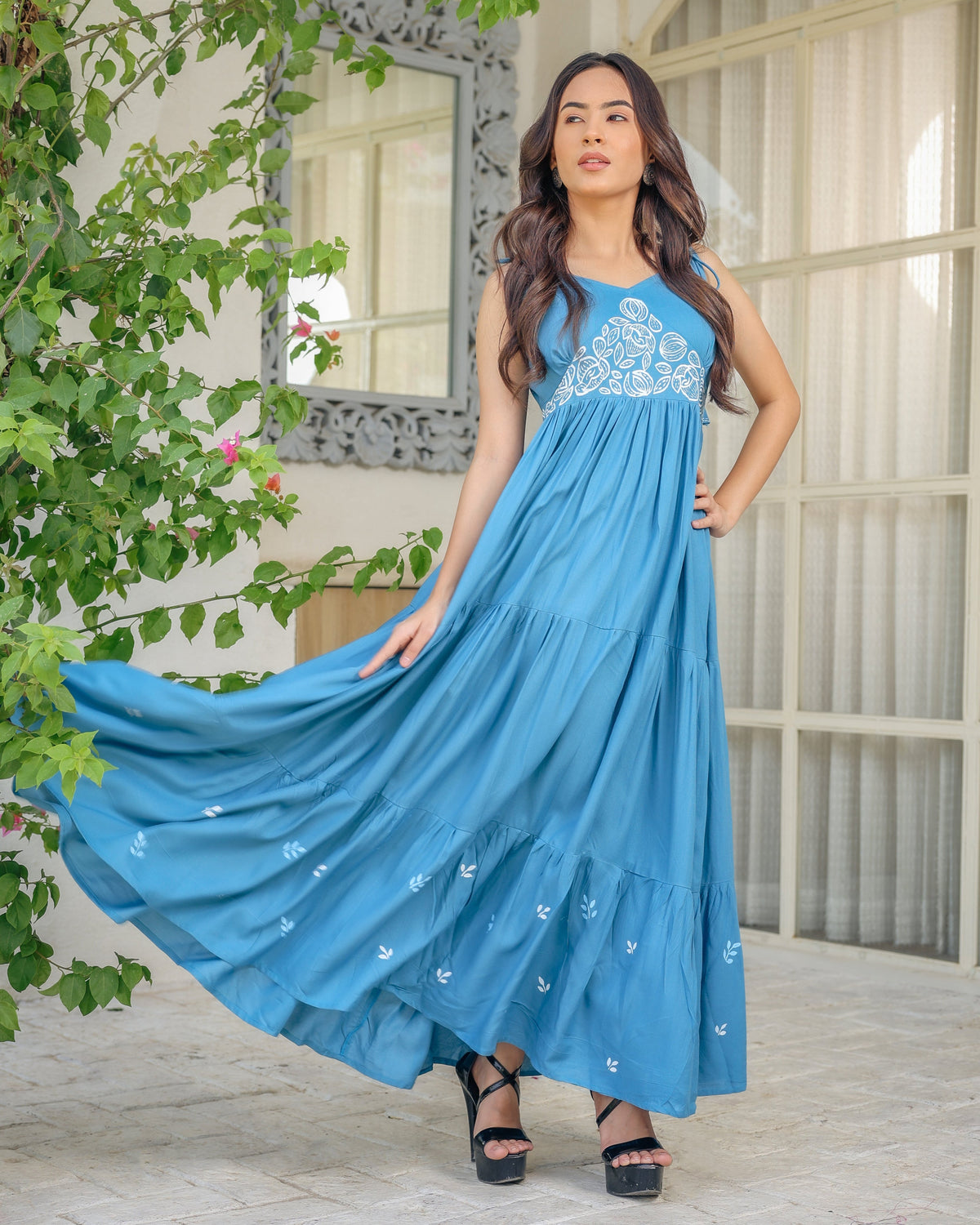 Lille Blue Cotton Flared Dress