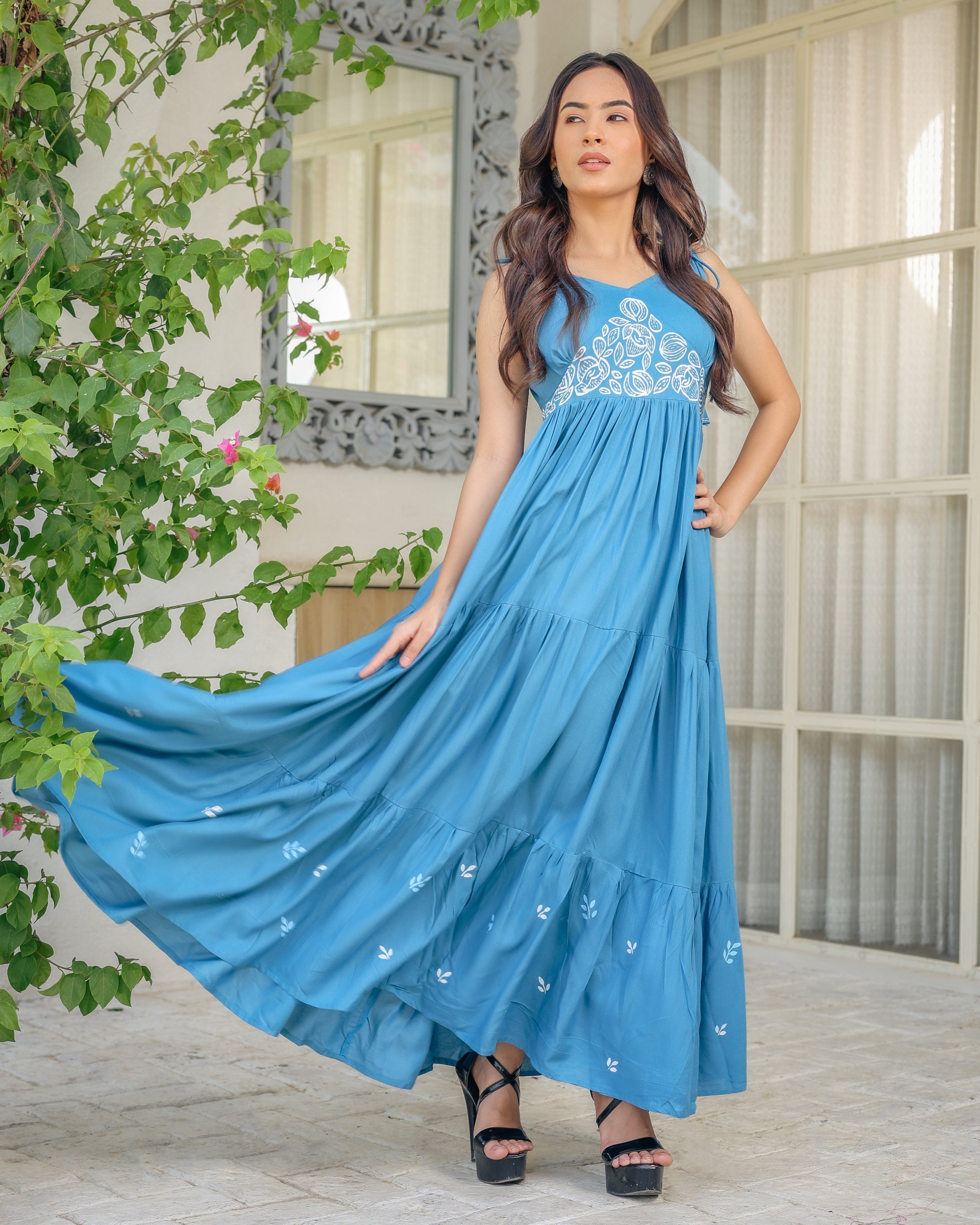 Lille Blue Cotton Flared Dress