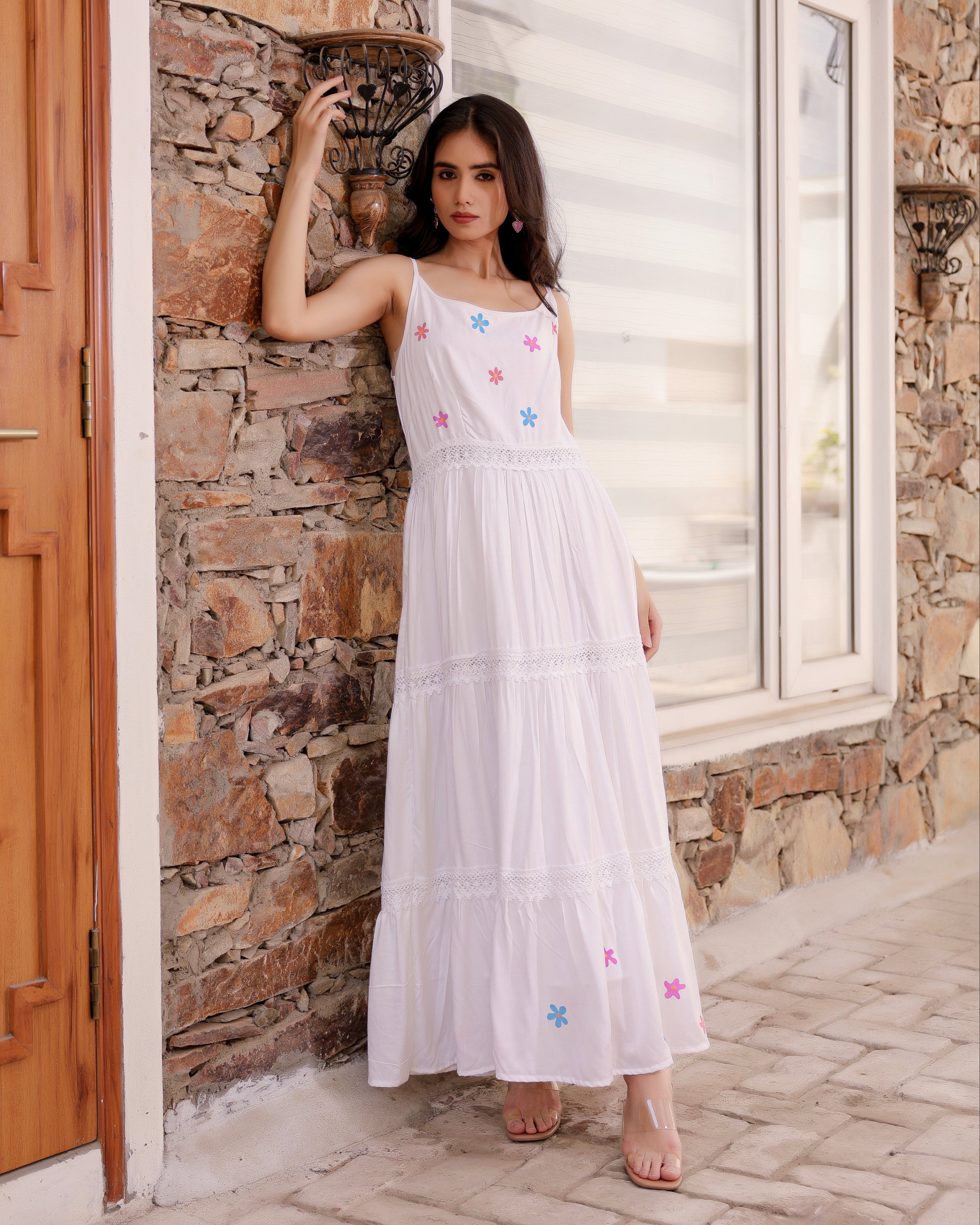 Queen White Floral Hand-Painted Dress