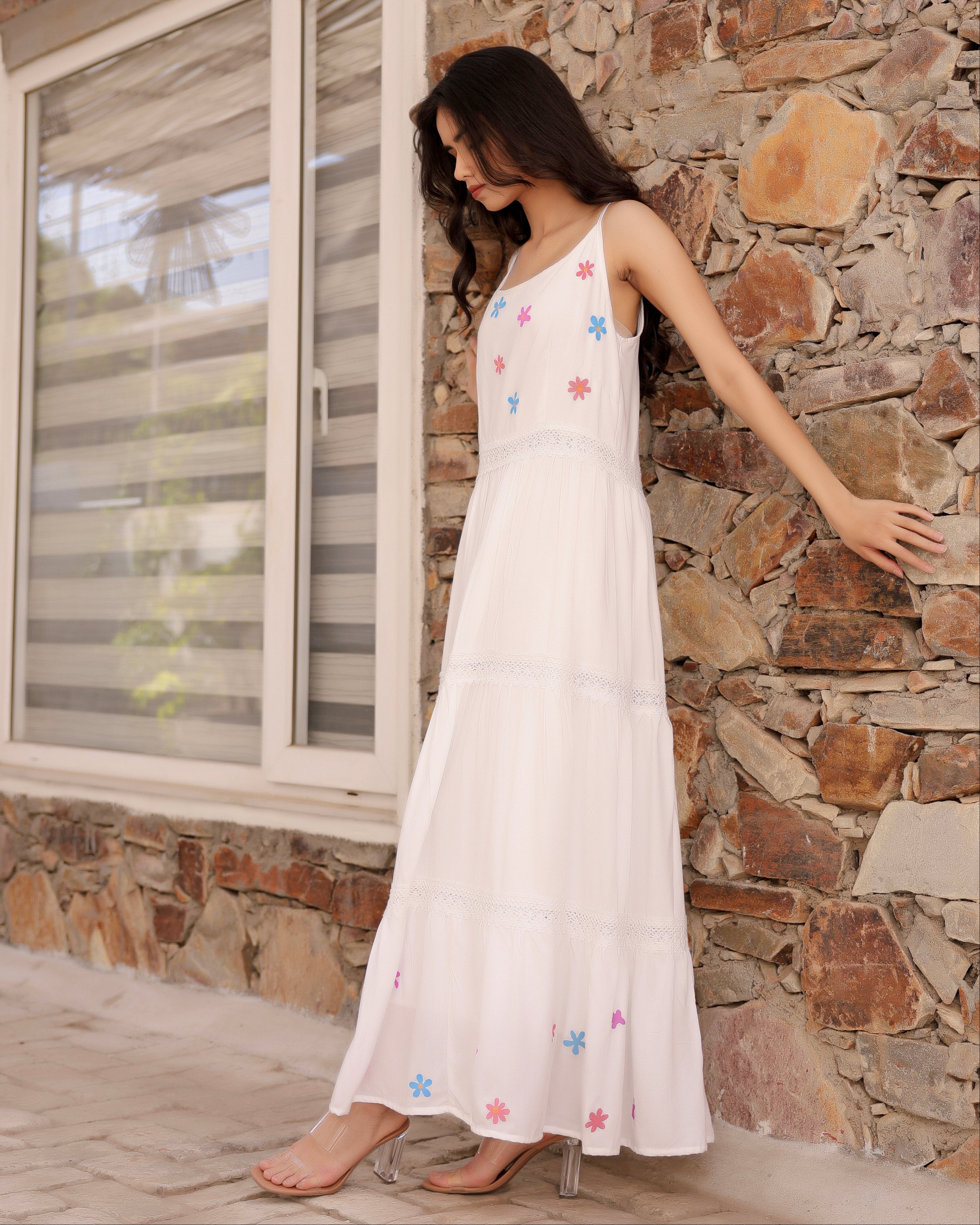 Queen White Floral Hand-Painted Dress