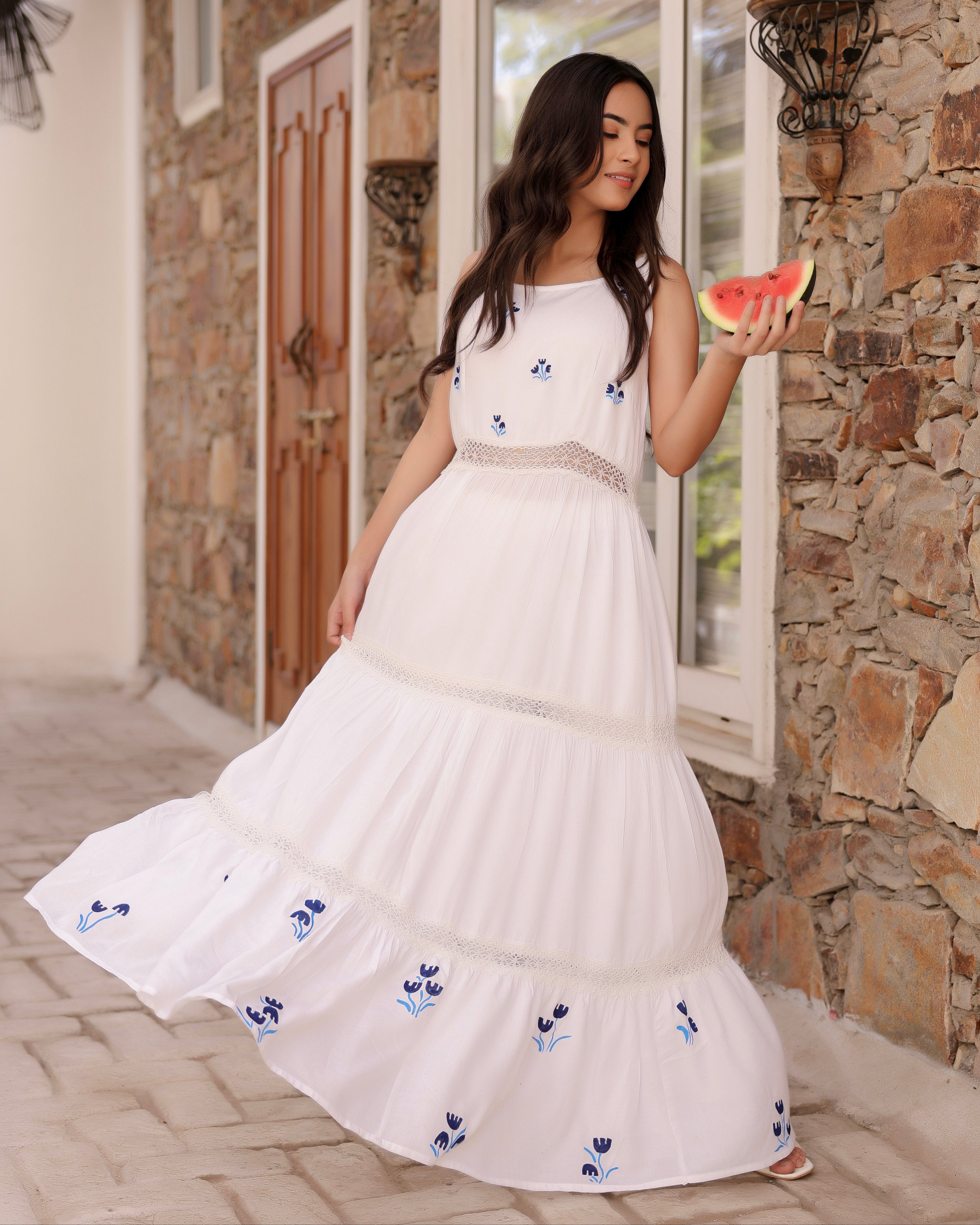 Glory White Floral Hand-Painted Dress