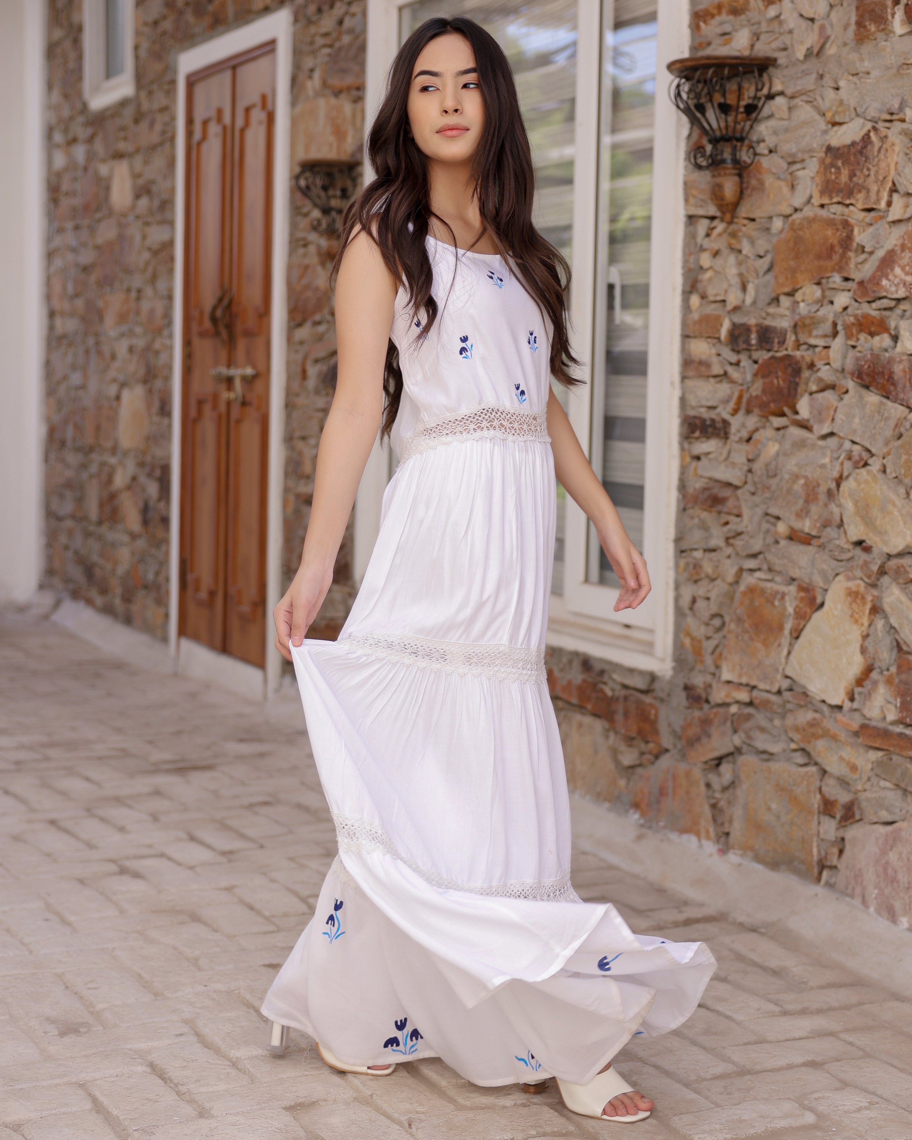 Glory White Floral Hand-Painted Dress