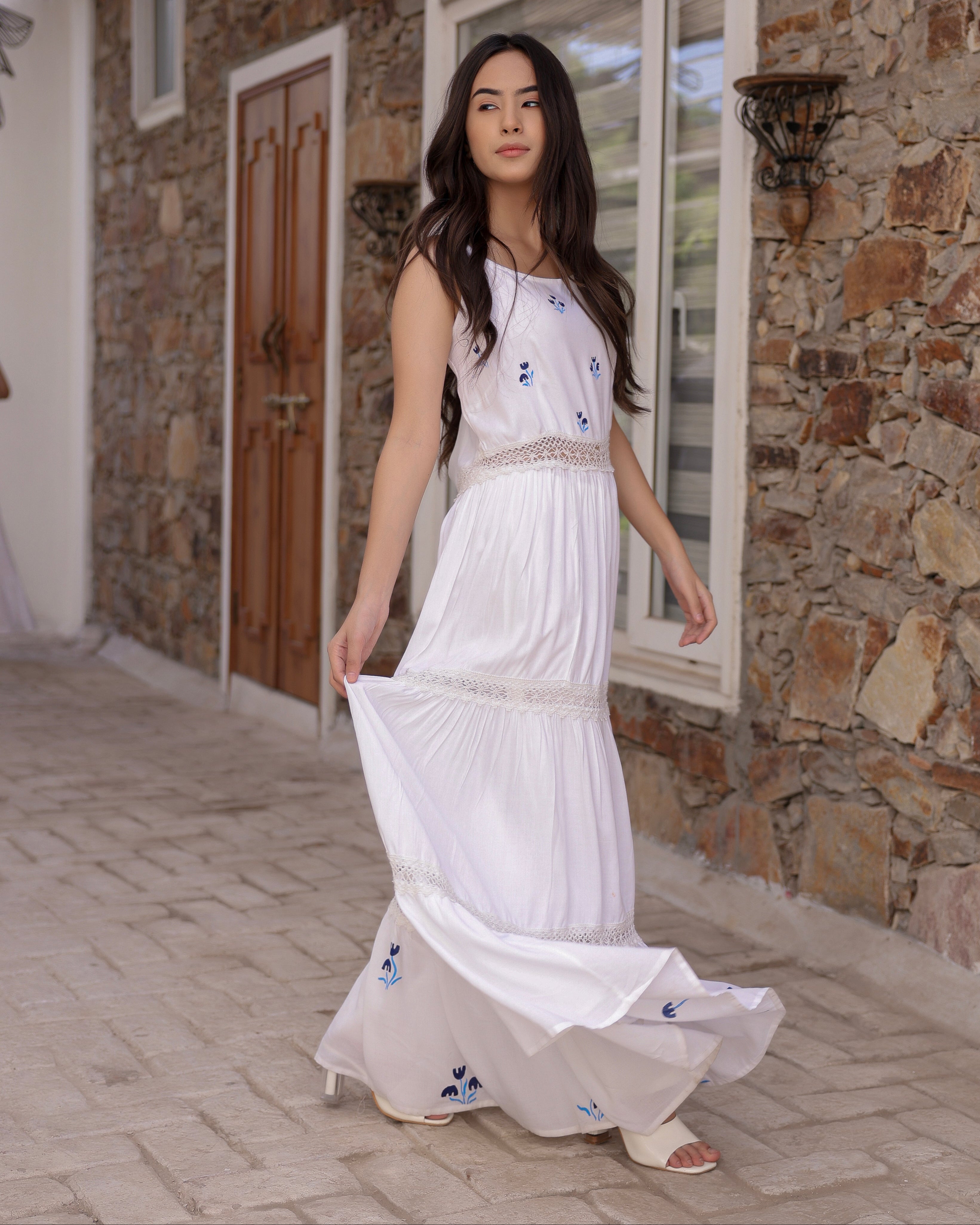 Glory White Floral Hand-Painted Dress