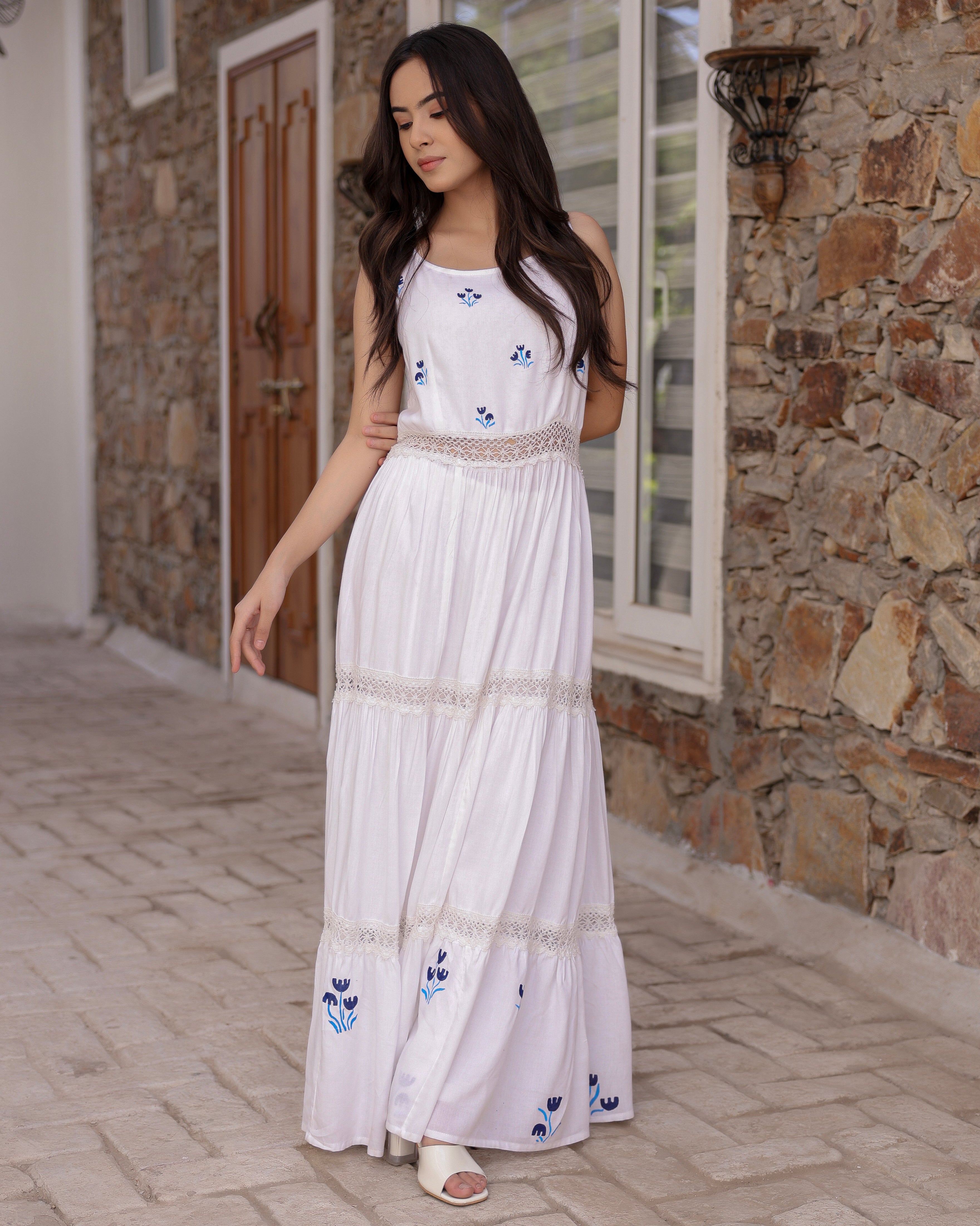 Glory White Floral Hand-Painted Dress