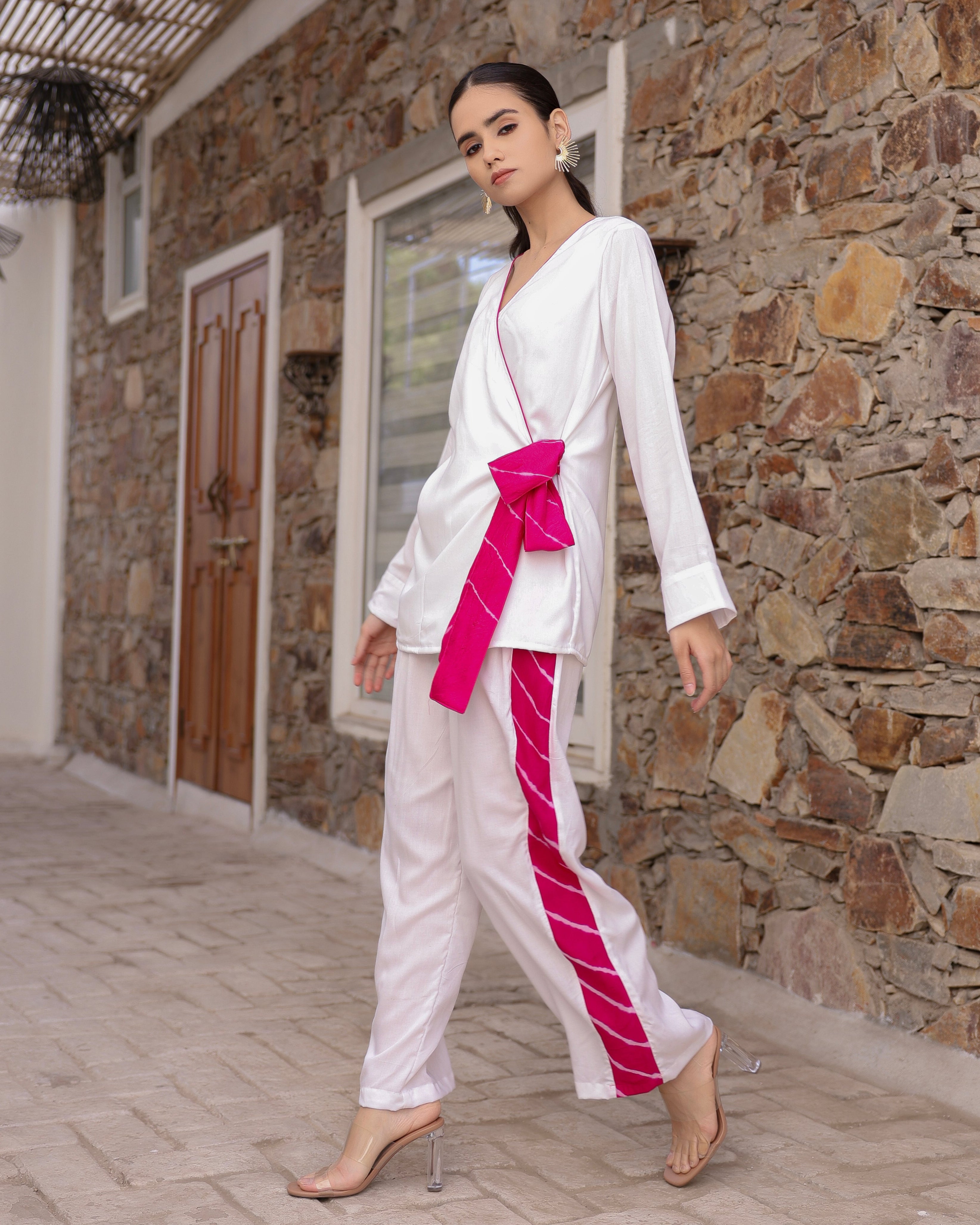 Wels White Leheriya stripe Cord Set