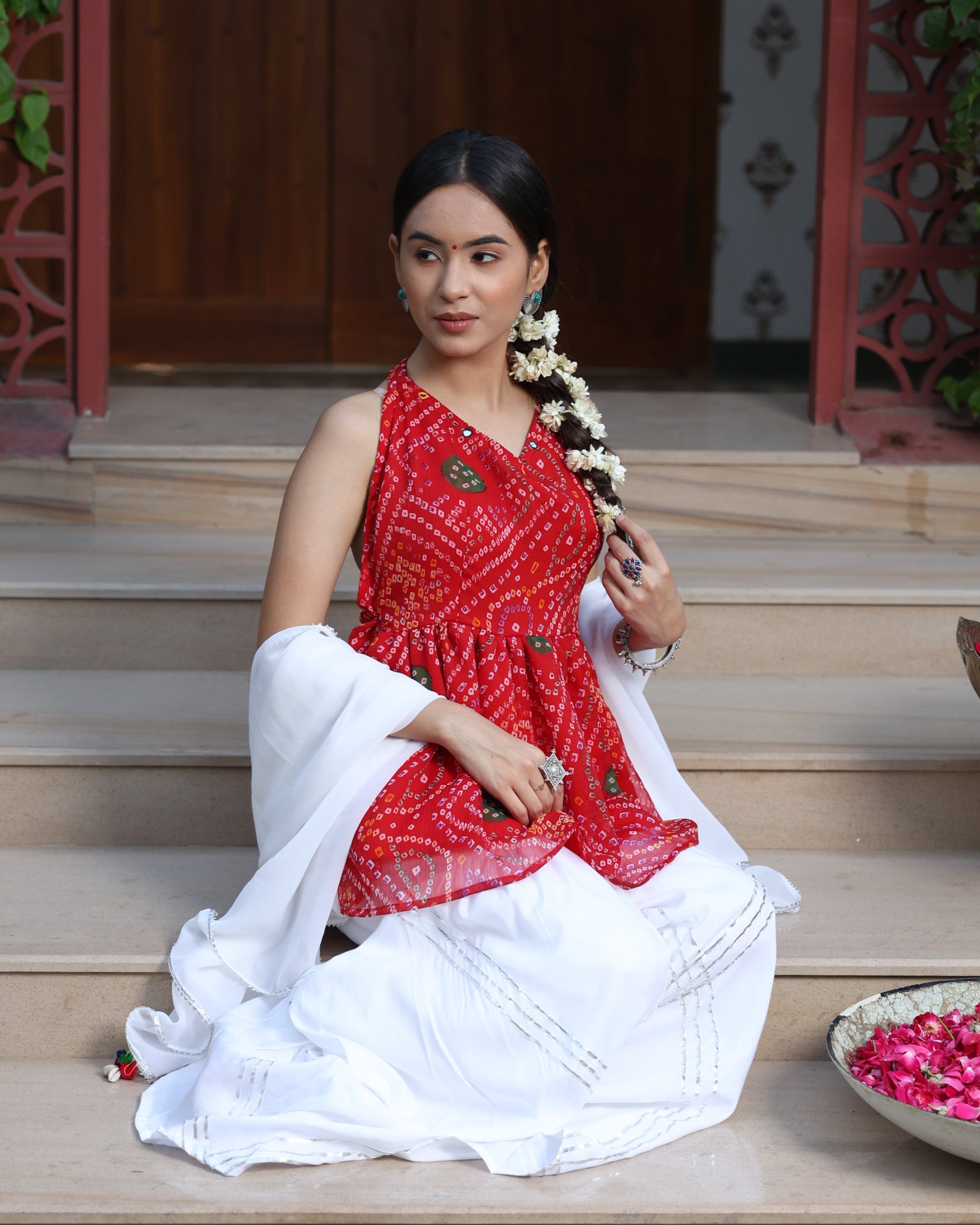 Siena Red Bandhani Kurta Shahrara Set