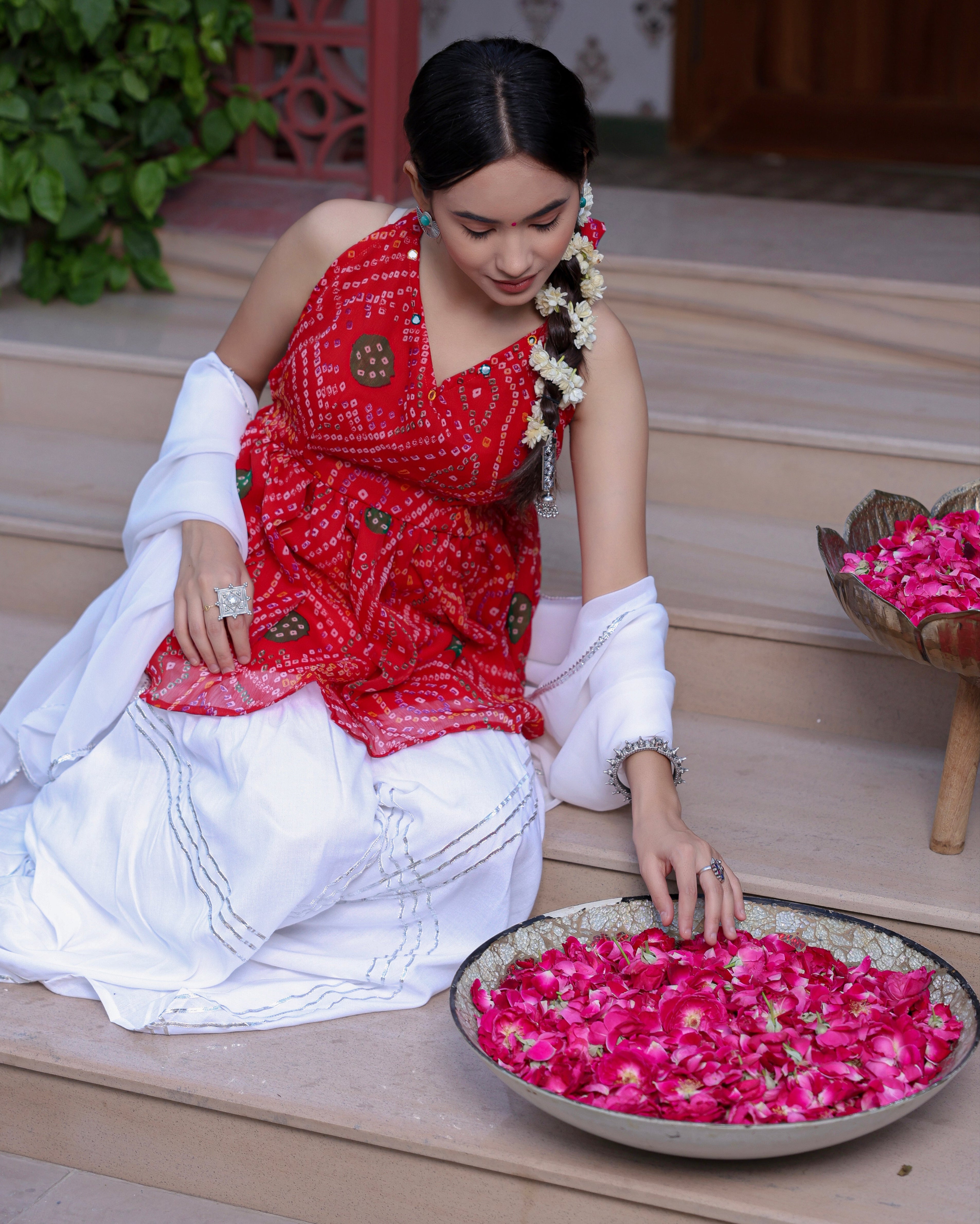 Siena Red Bandhani Kurta Shahrara Set