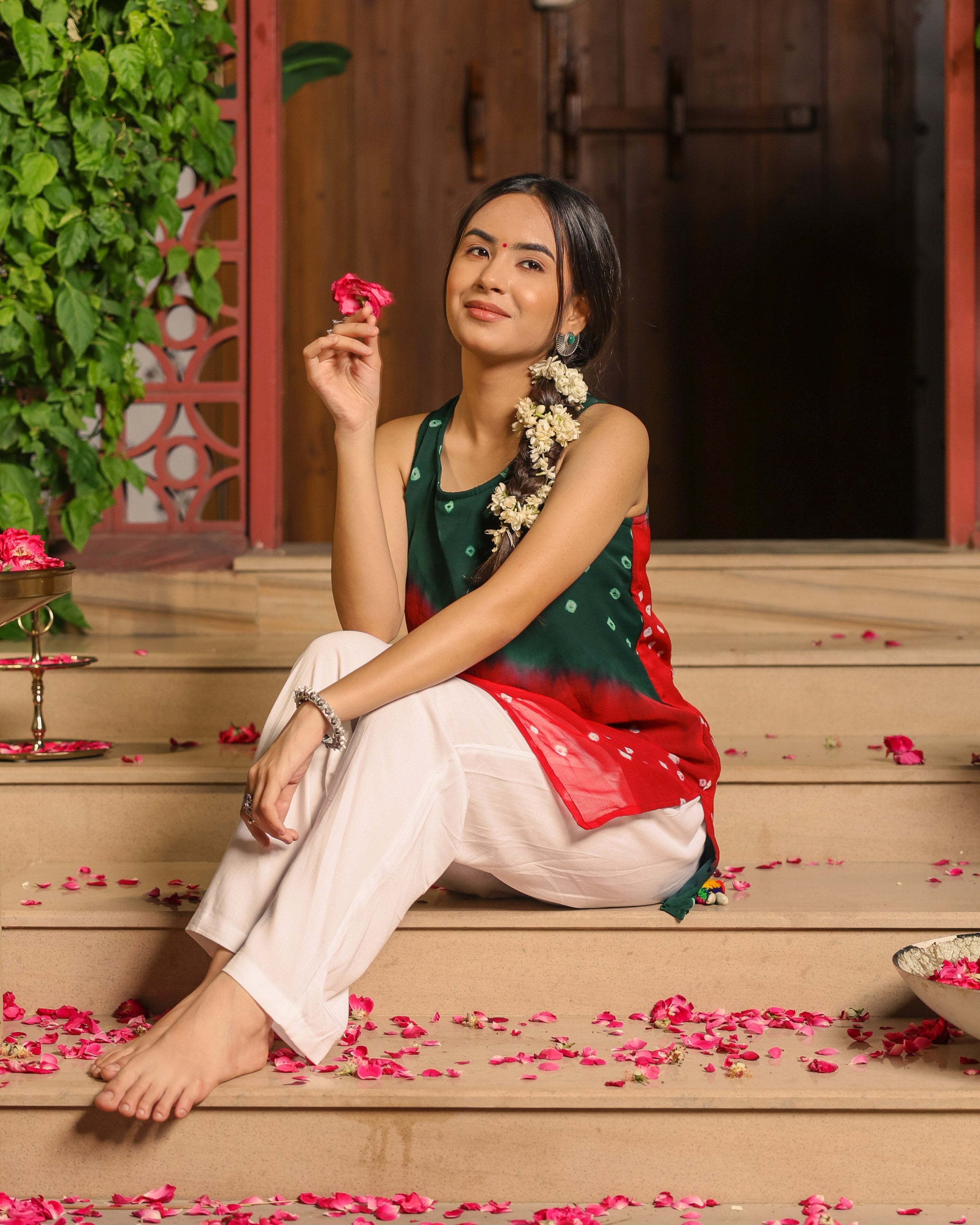 Red Green Bandhani Kurta Set