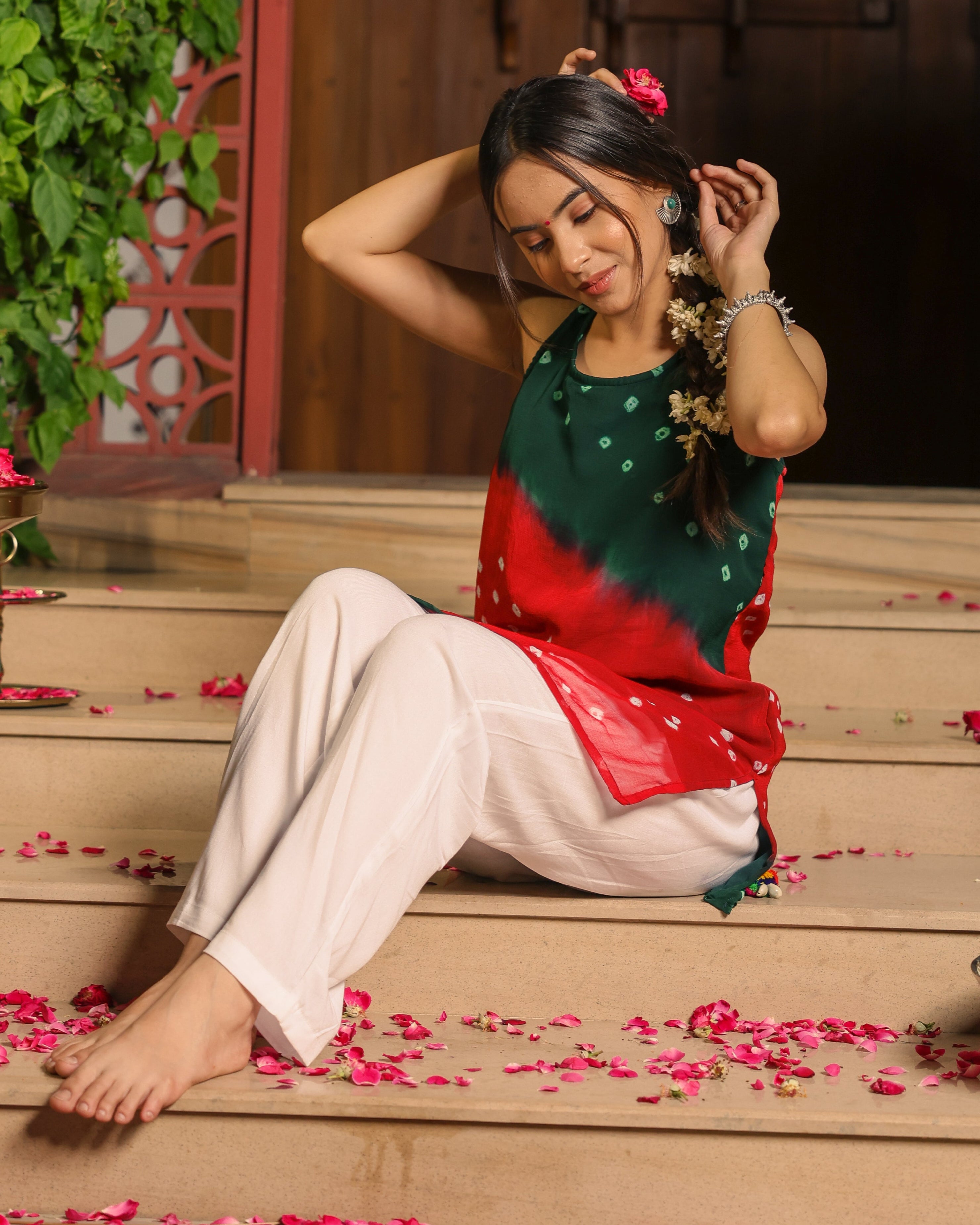 Red Green Bandhani Kurta Set