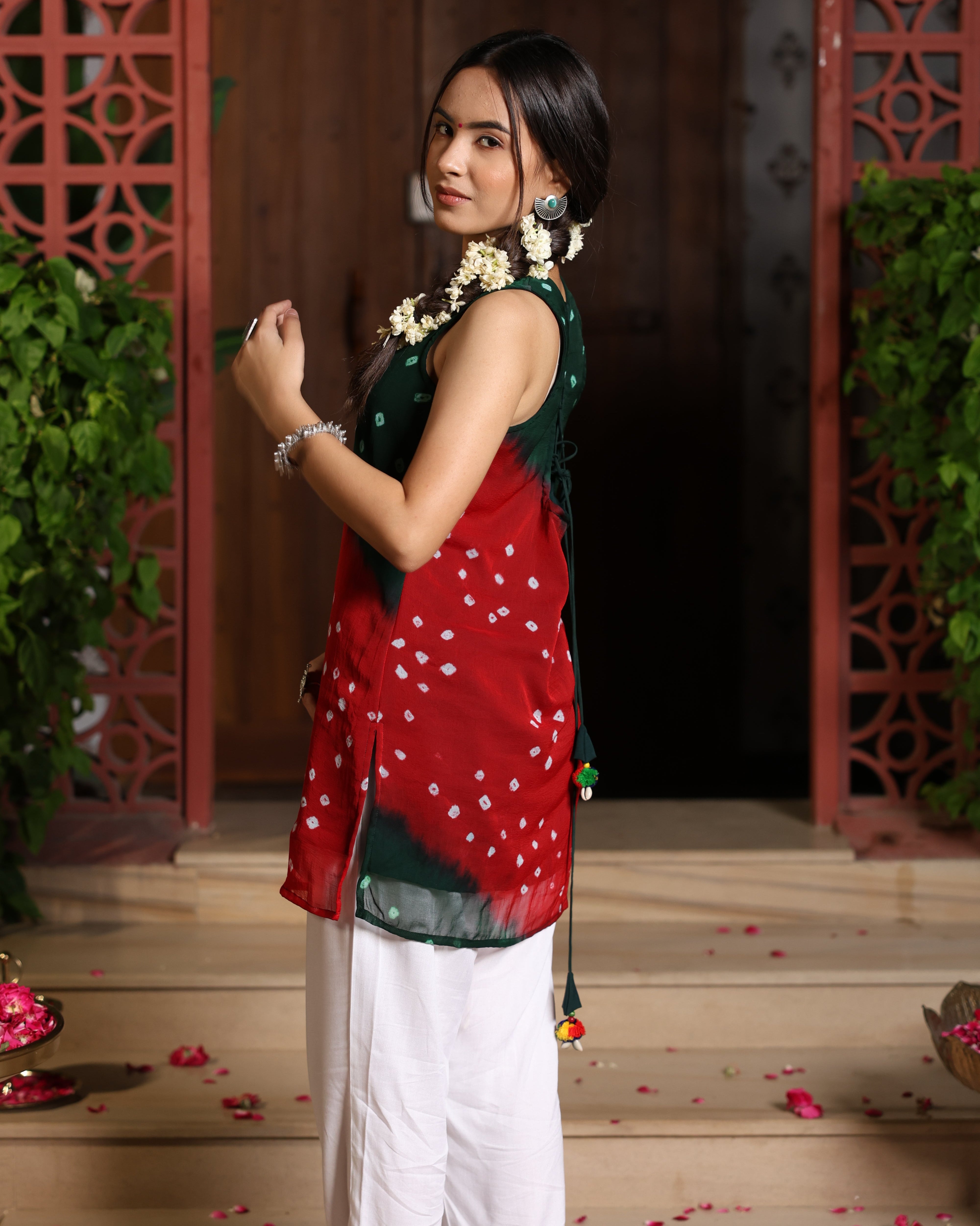 Red Green Bandhani Kurta Set