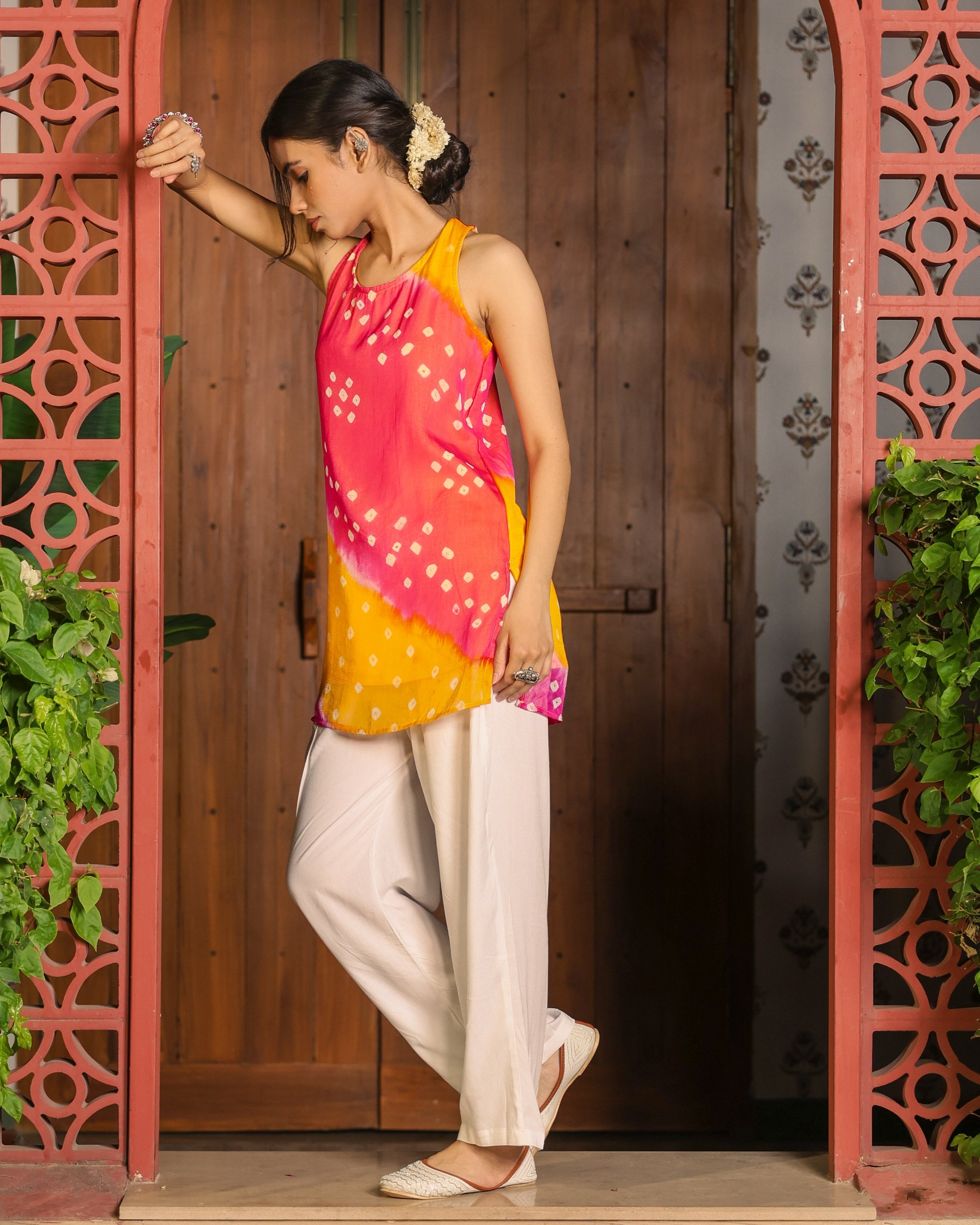 Rani Yellow Bandhej Kurta Set