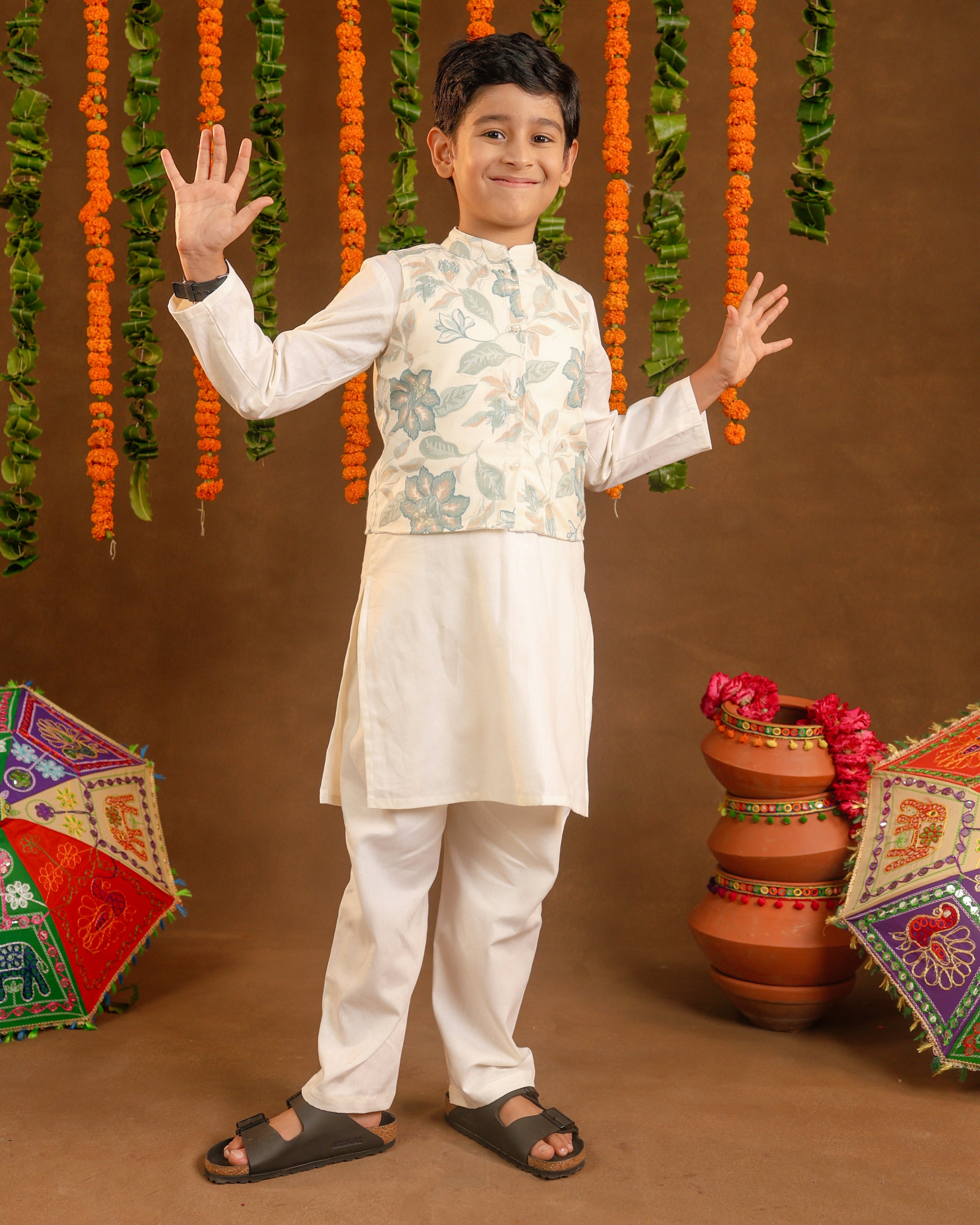 Printed White Jacket Kurta Set