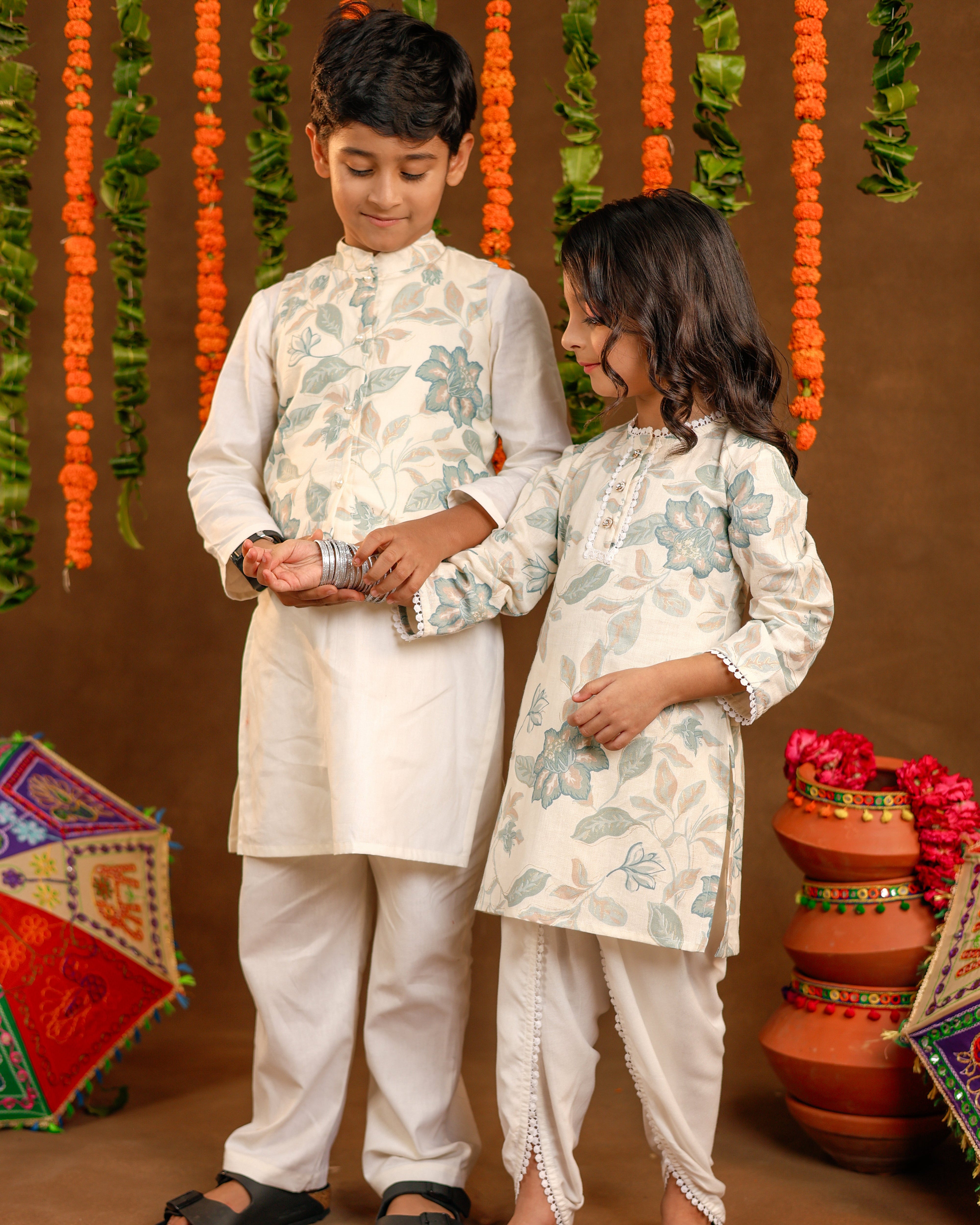 Printed White Jacket Kurta Set