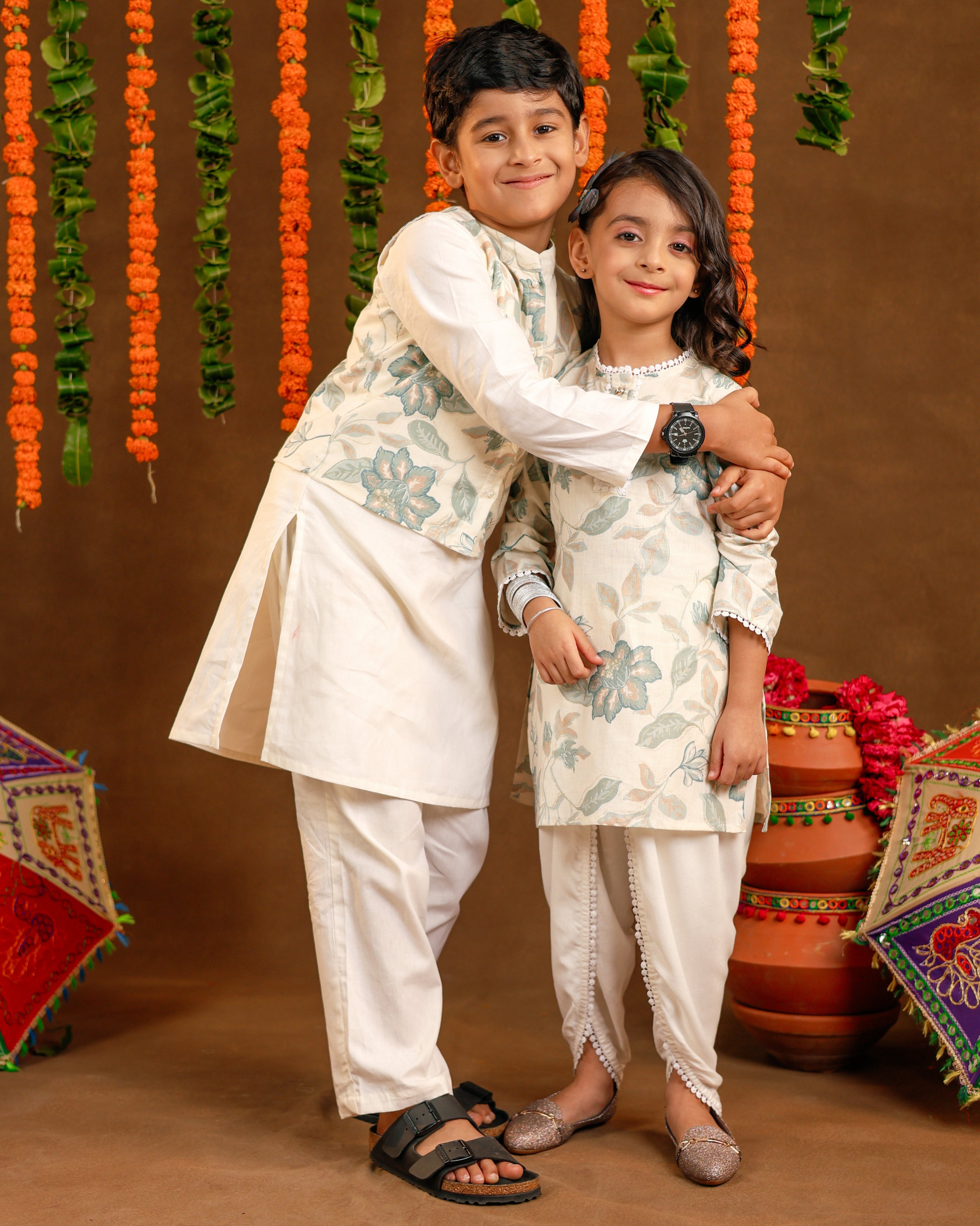 Printed White Jacket Kurta Set