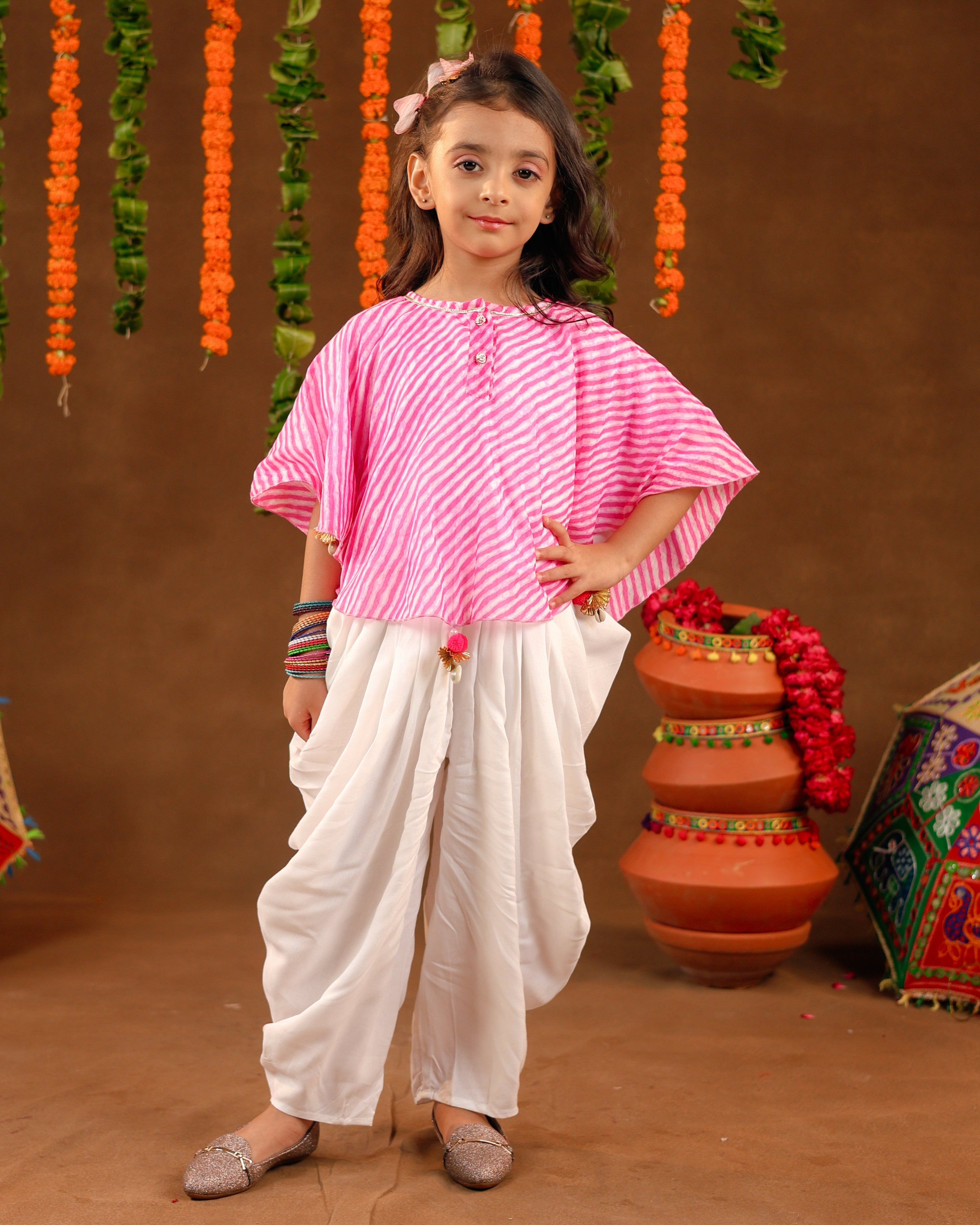 Girls Pink Leheriya Dhoti Set