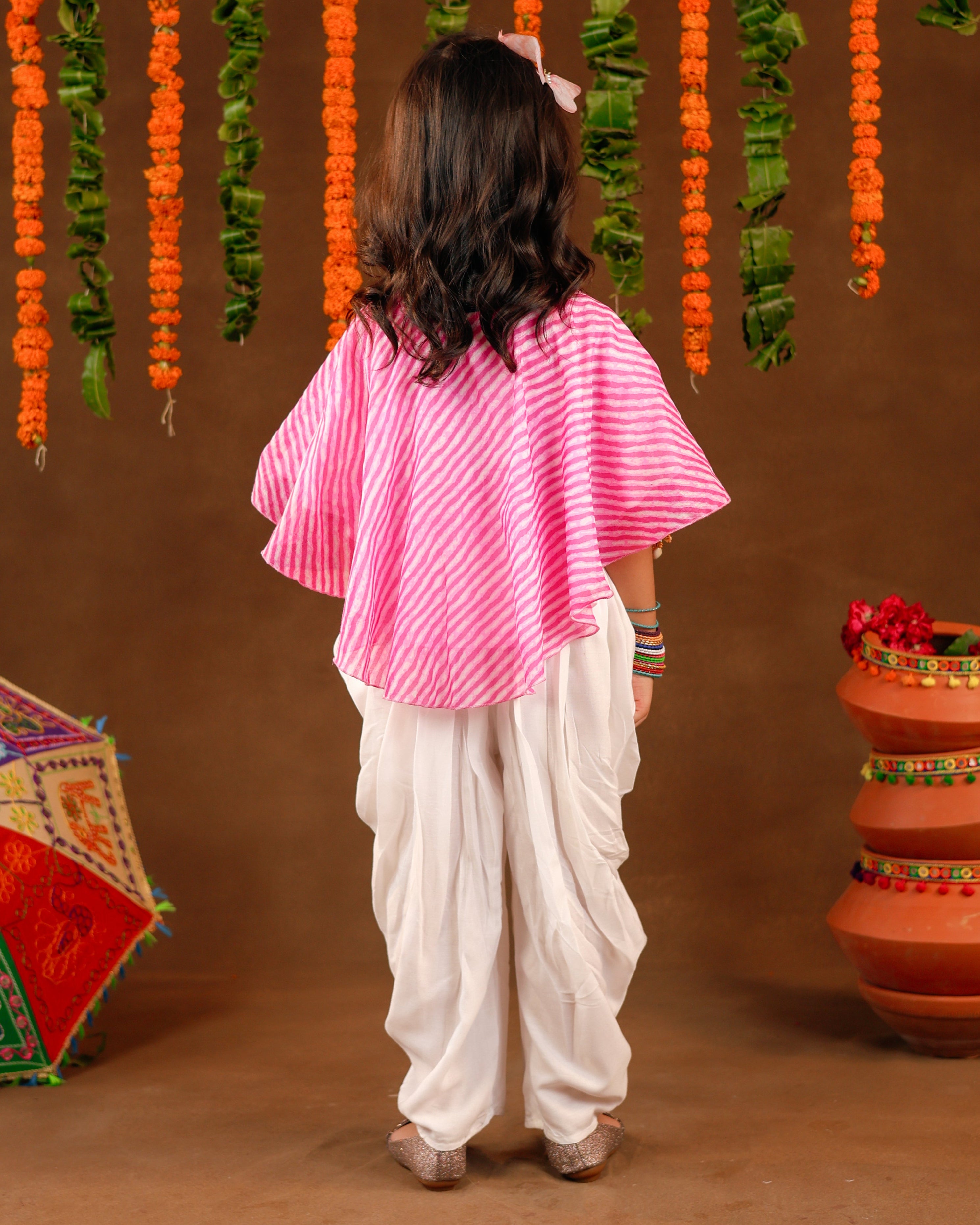 Girls Pink Leheriya Dhoti Set