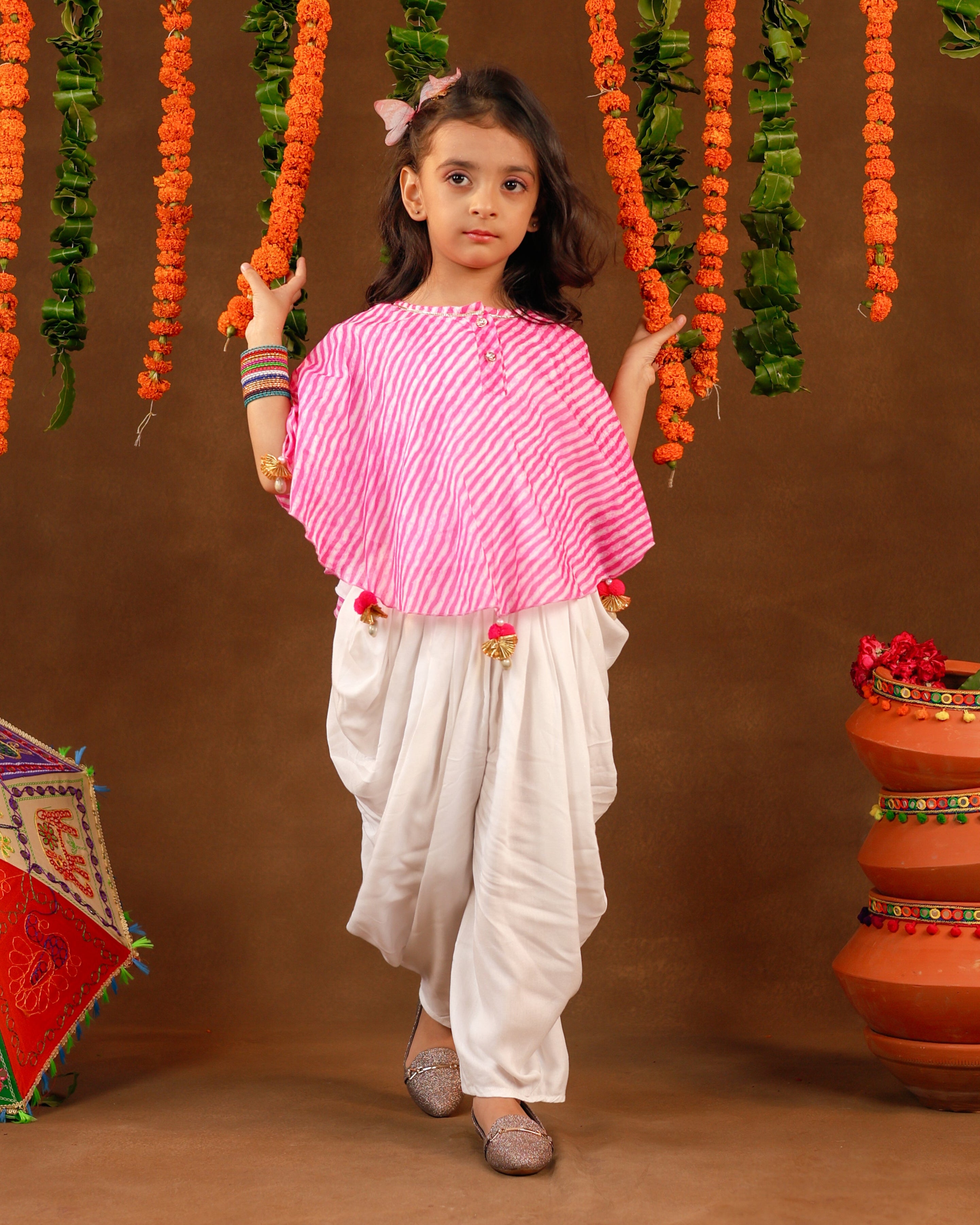 Girls Pink Leheriya Dhoti Set