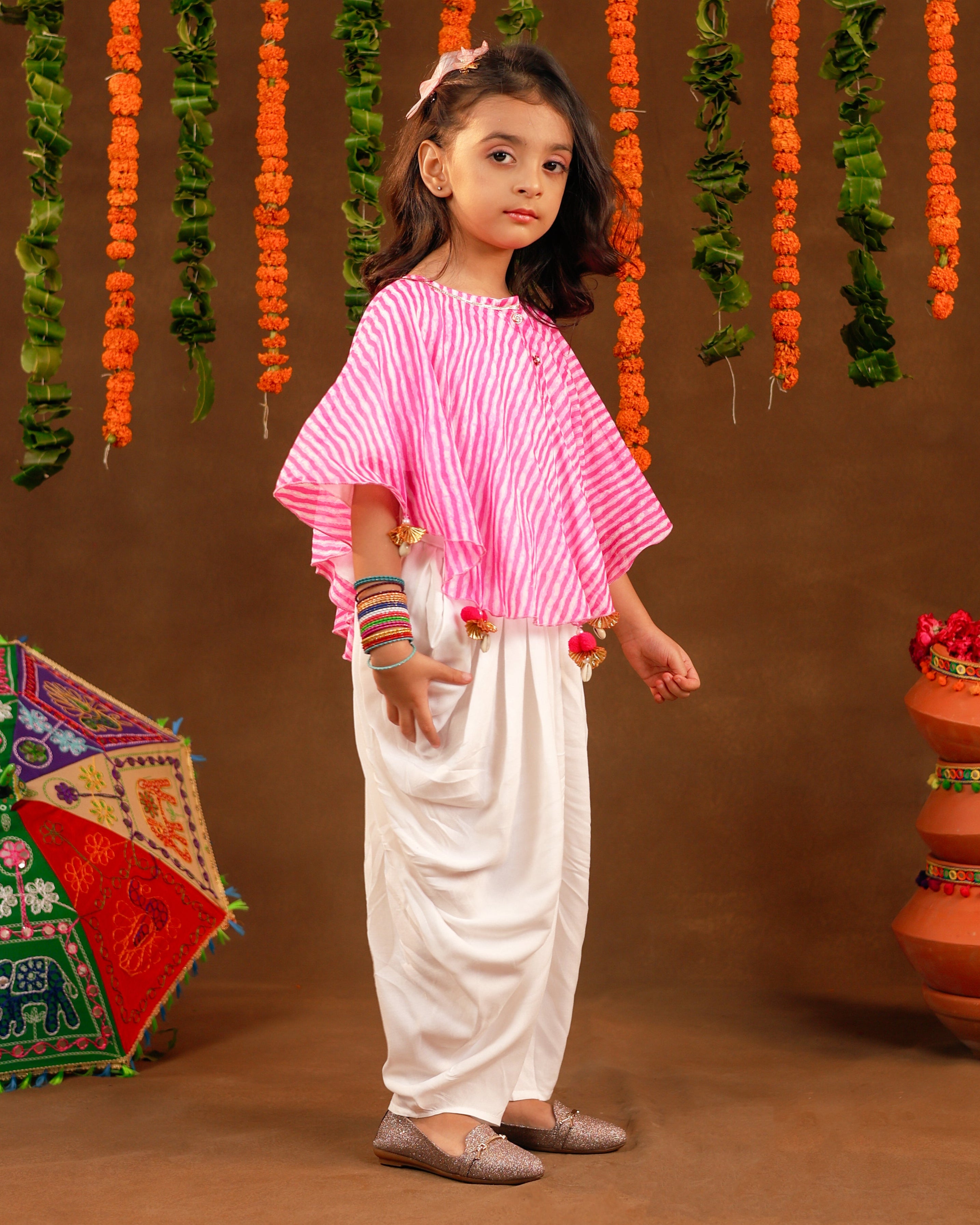 Girls Pink Leheriya Dhoti Set