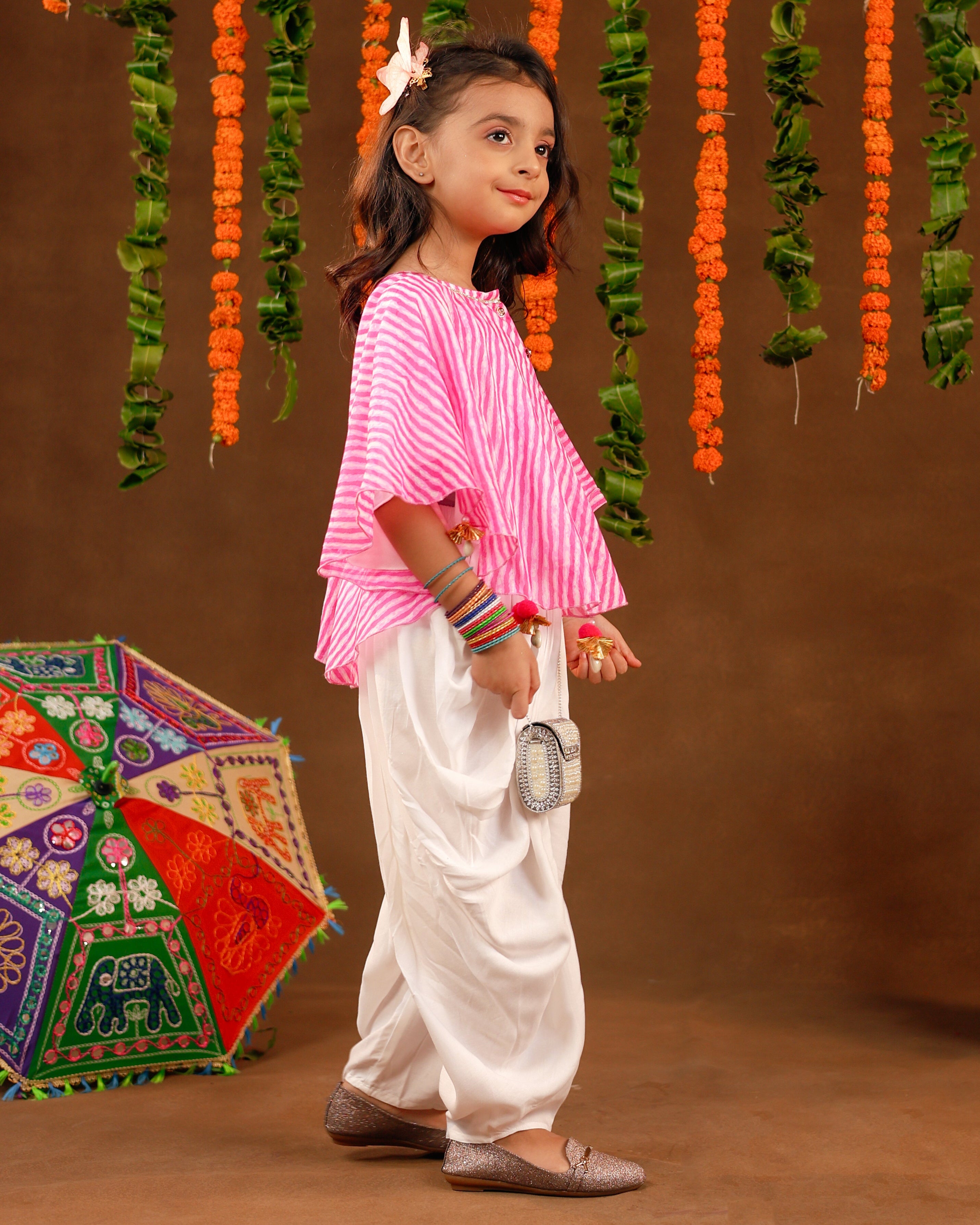 Girls Pink Leheriya Dhoti Set