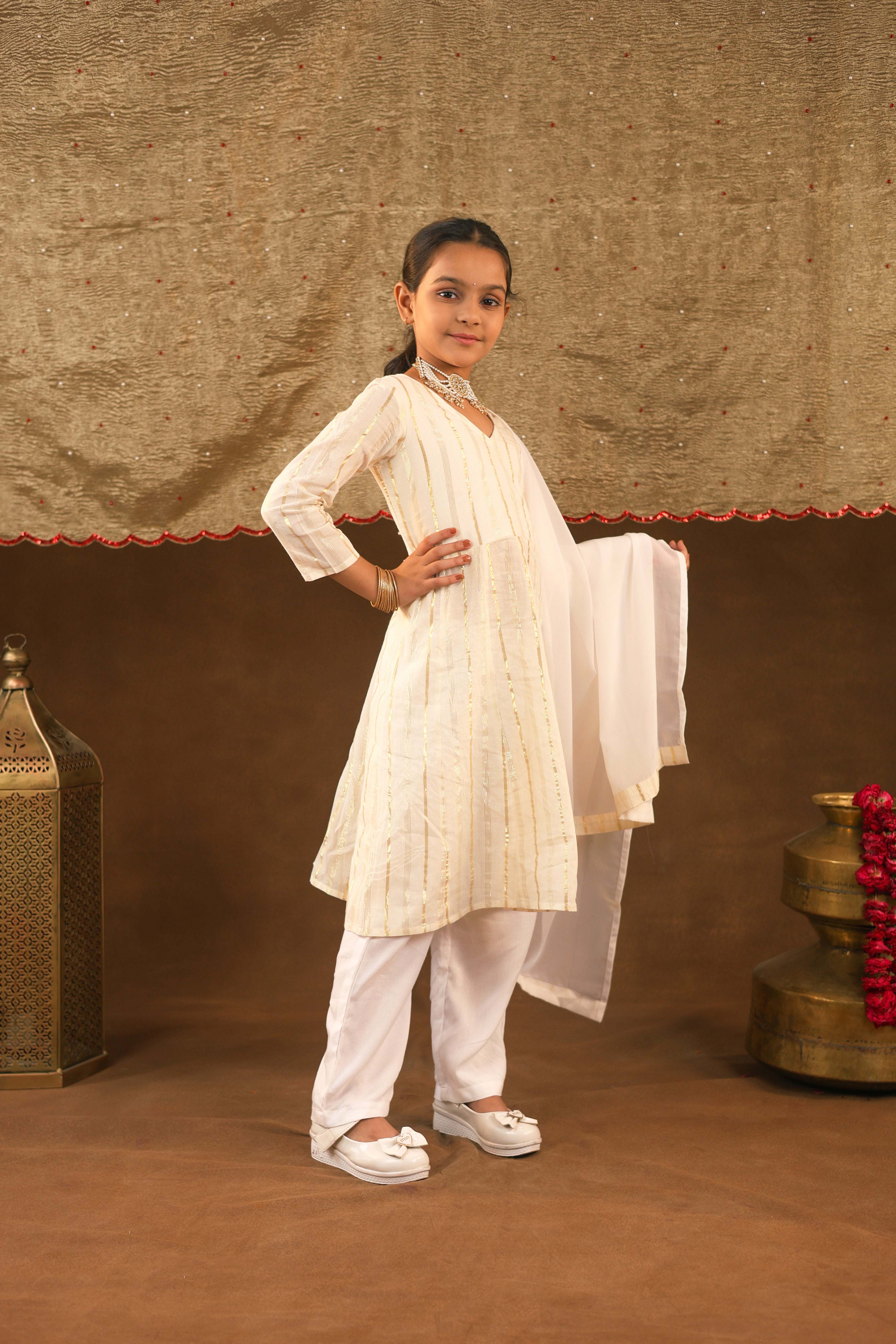 Chandni gold white girls suit set