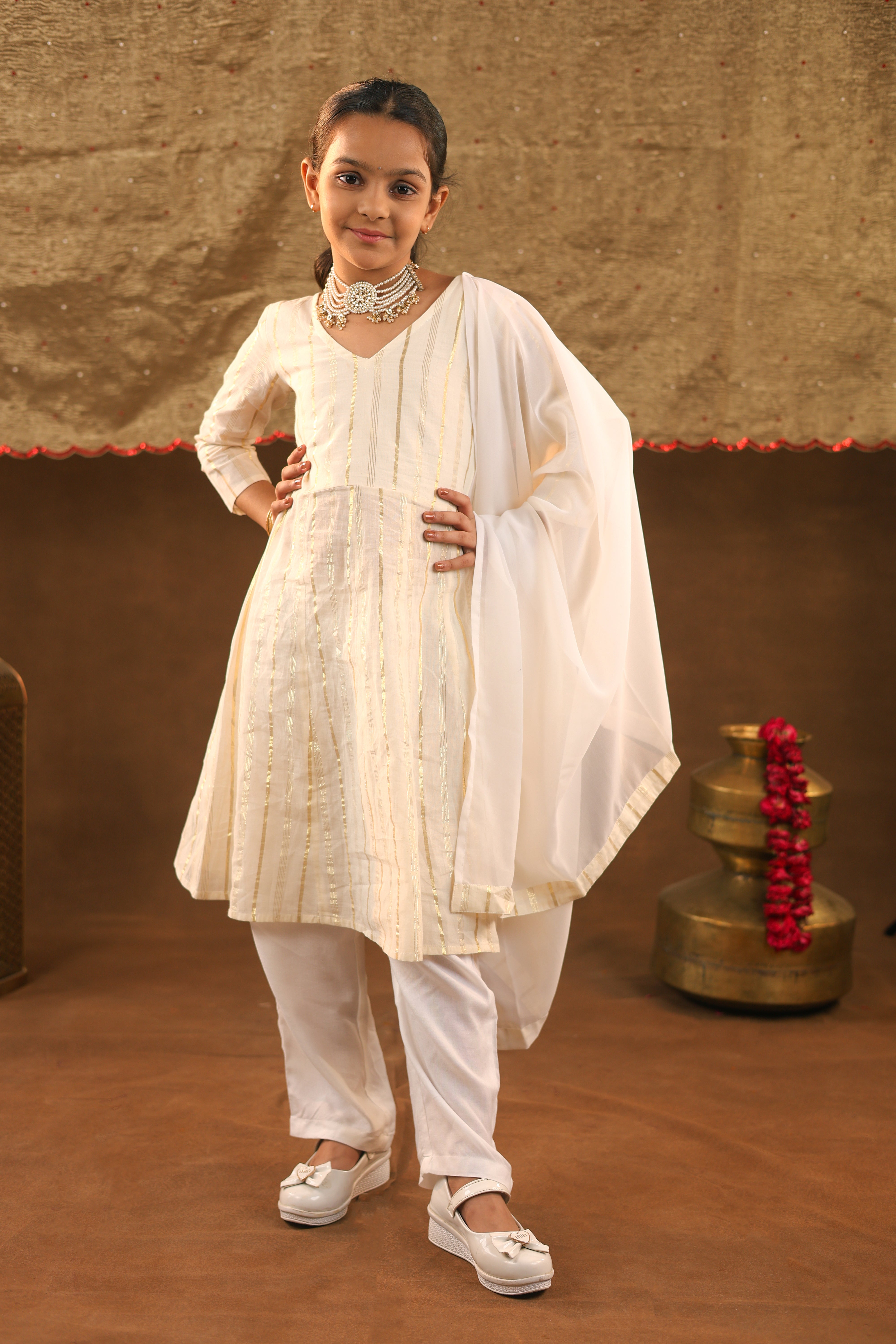 Chandni gold white girls suit set