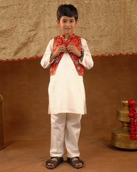 Red Printed Jacket Kurta Set