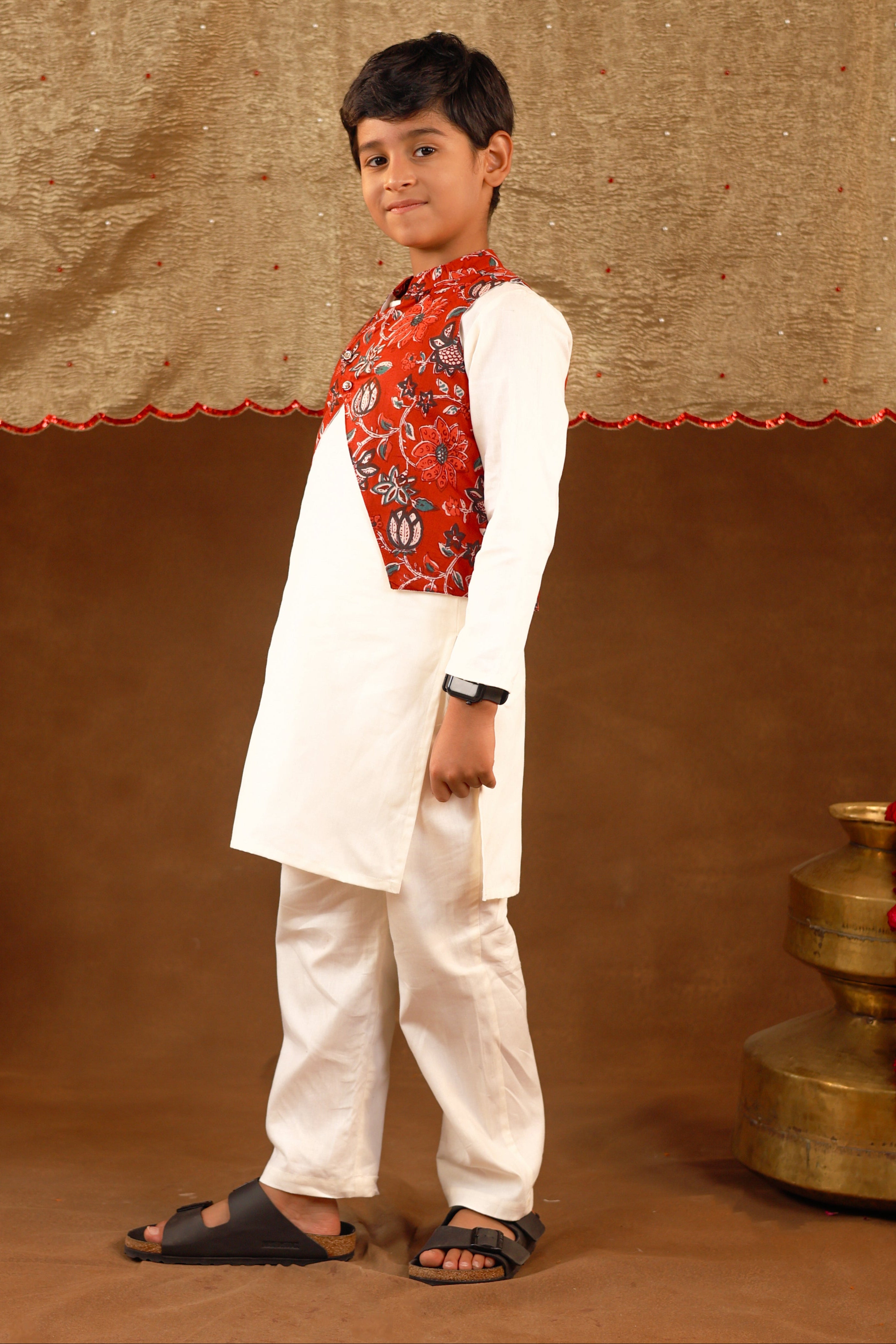 Red Printed Jacket Kurta Set