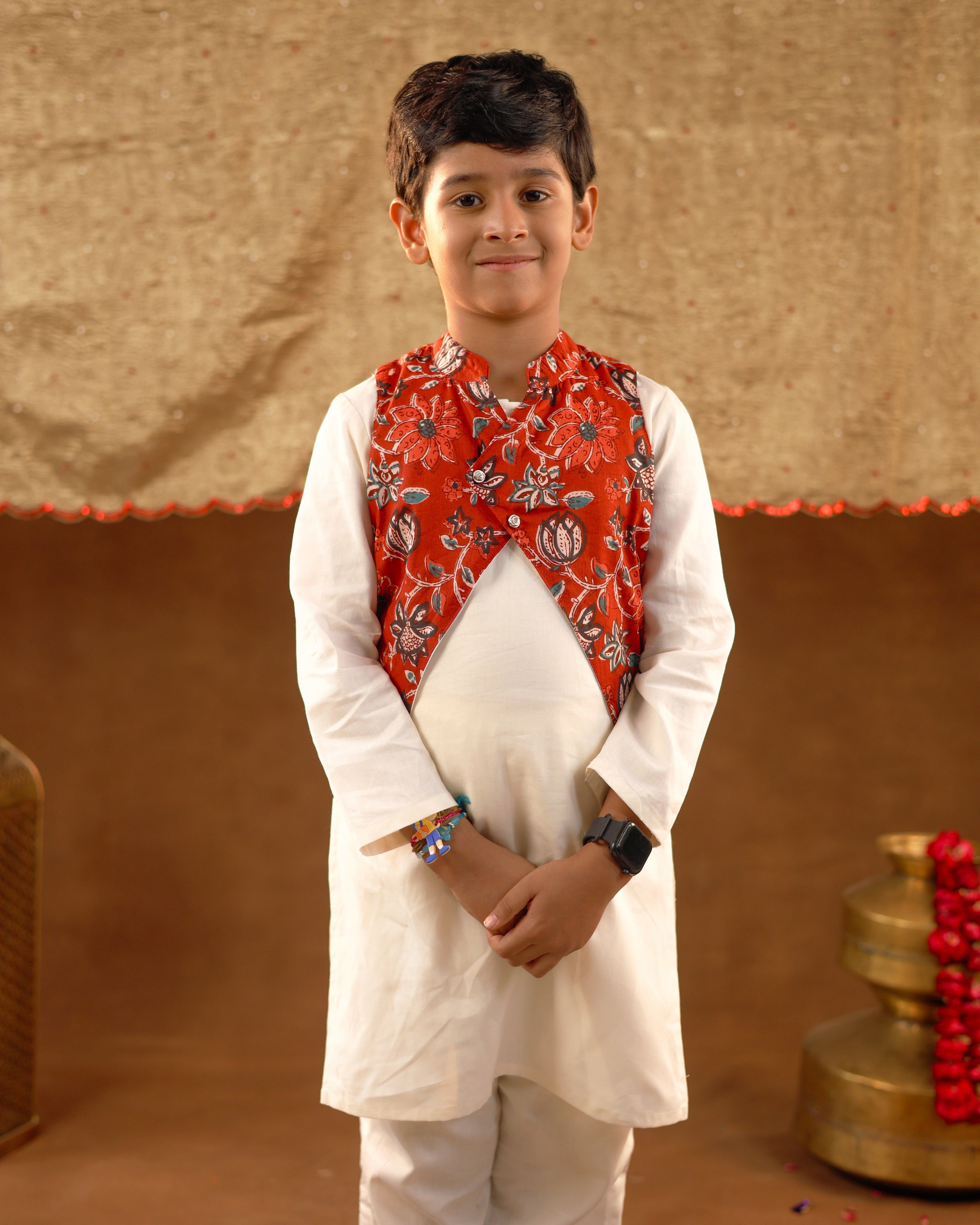 Red Printed Jacket Kurta Set
