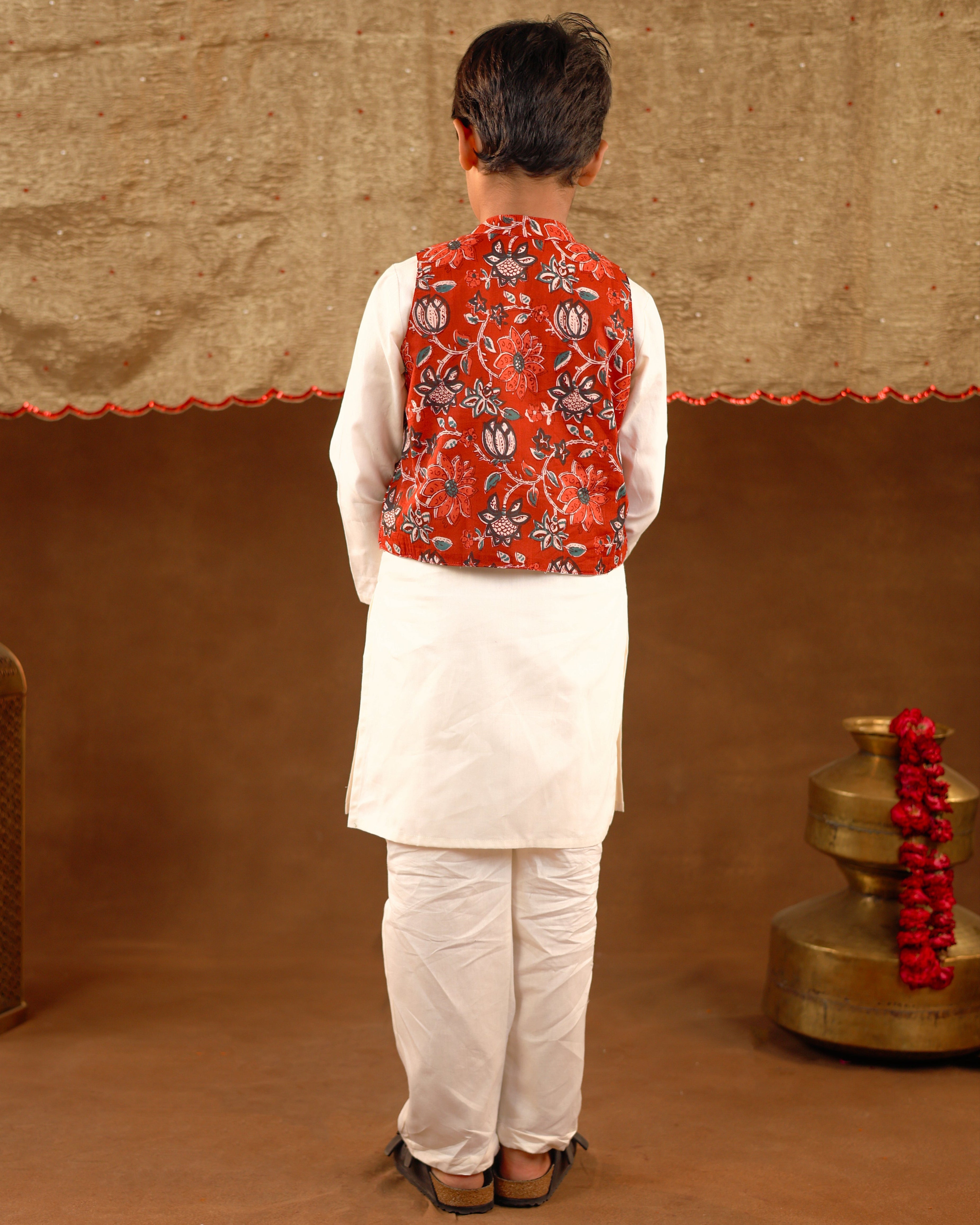 Red Printed Jacket Kurta Set