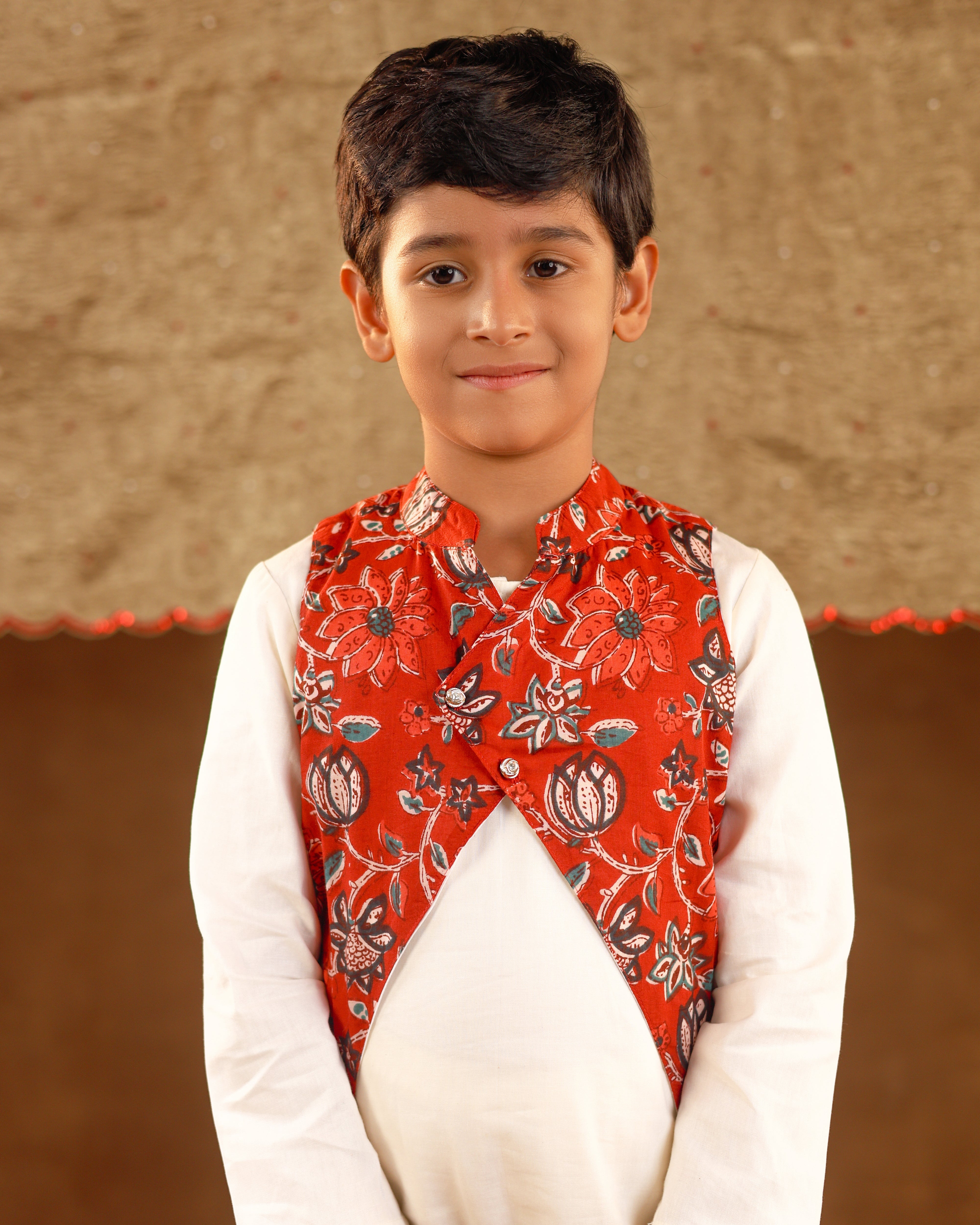 Red Printed Jacket Kurta Set