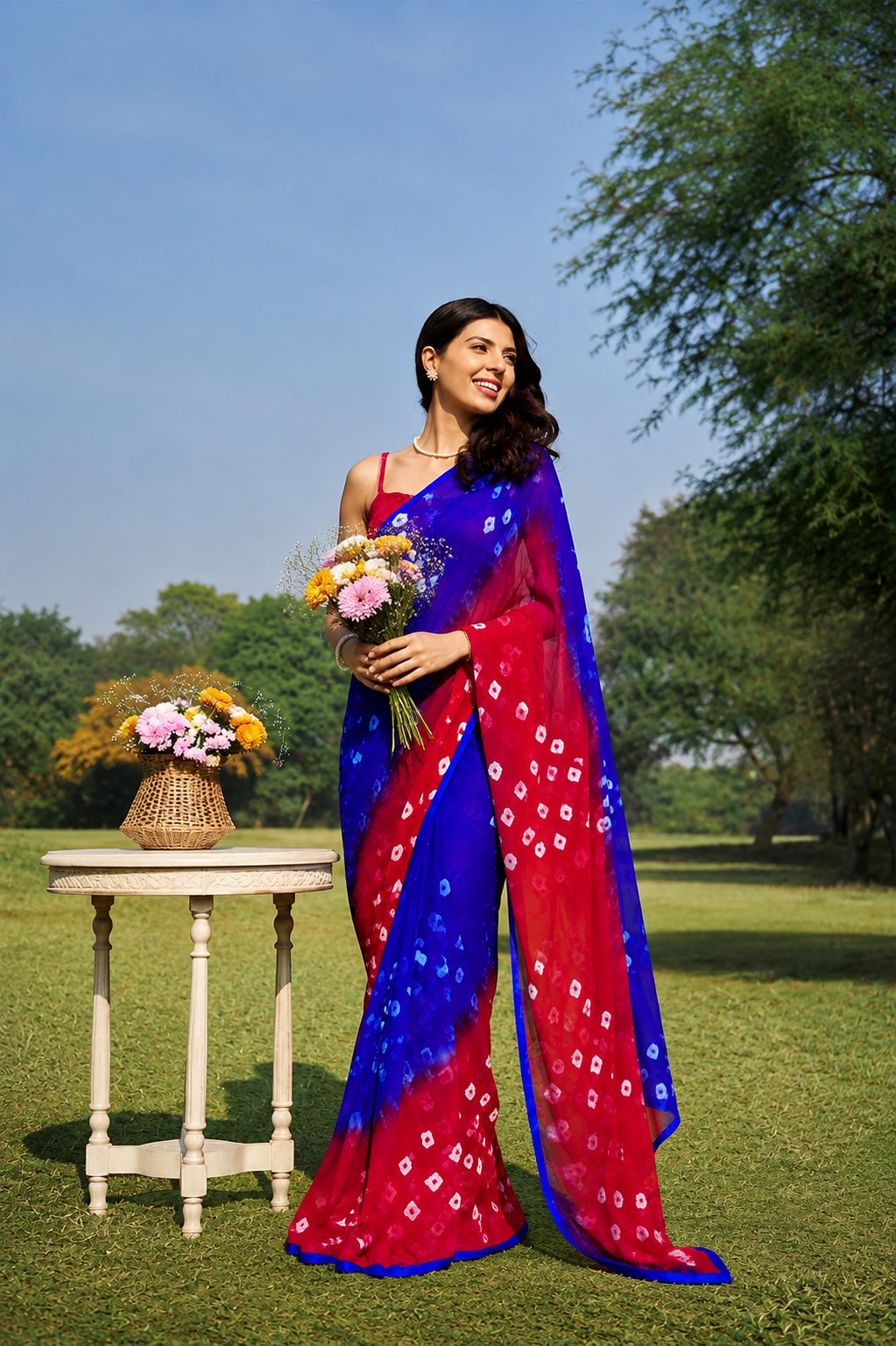 Vanya Red Blue Bandhani Chiffon Saree