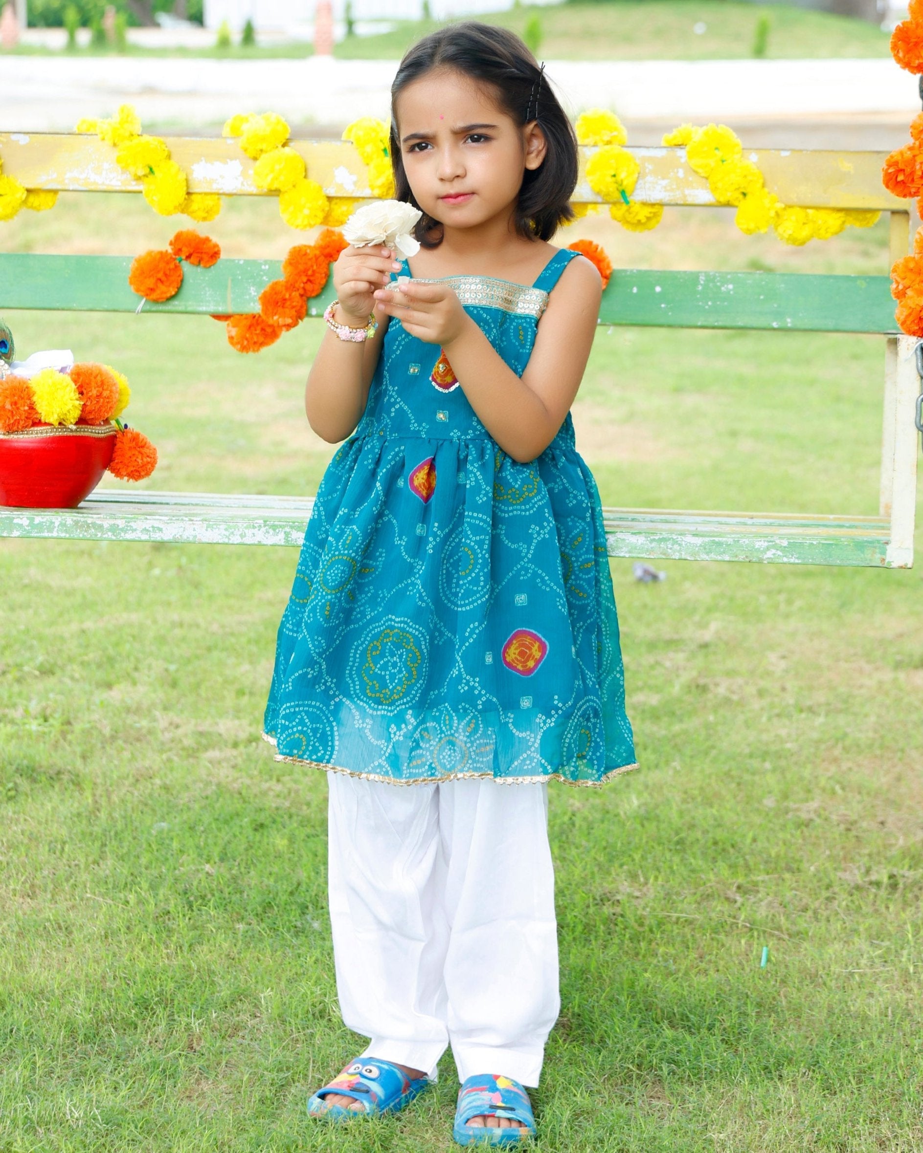 Girls Blue Short  Bandhej Kurta Set