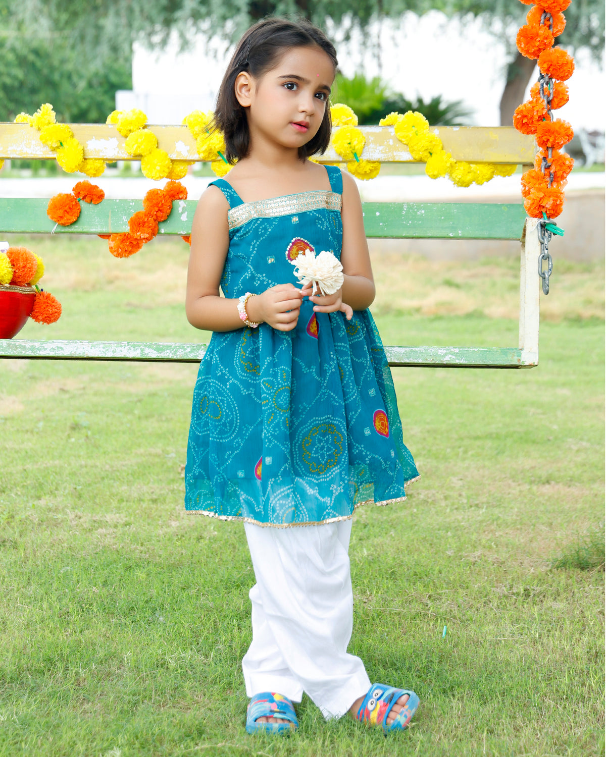 Girls Blue Short Bandhej Kurta Set