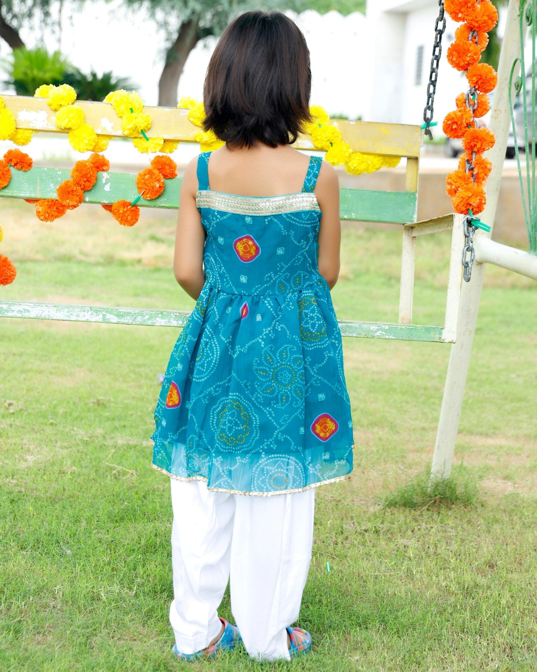 Girls Blue Short  Bandhej Kurta Set