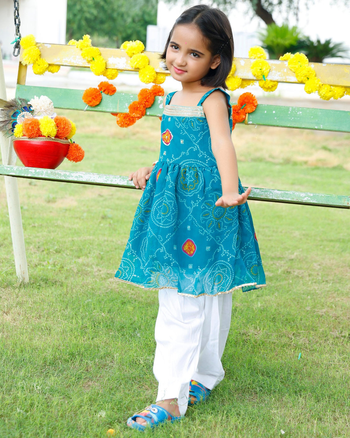 Girls Blue Short Bandhej Kurta Set