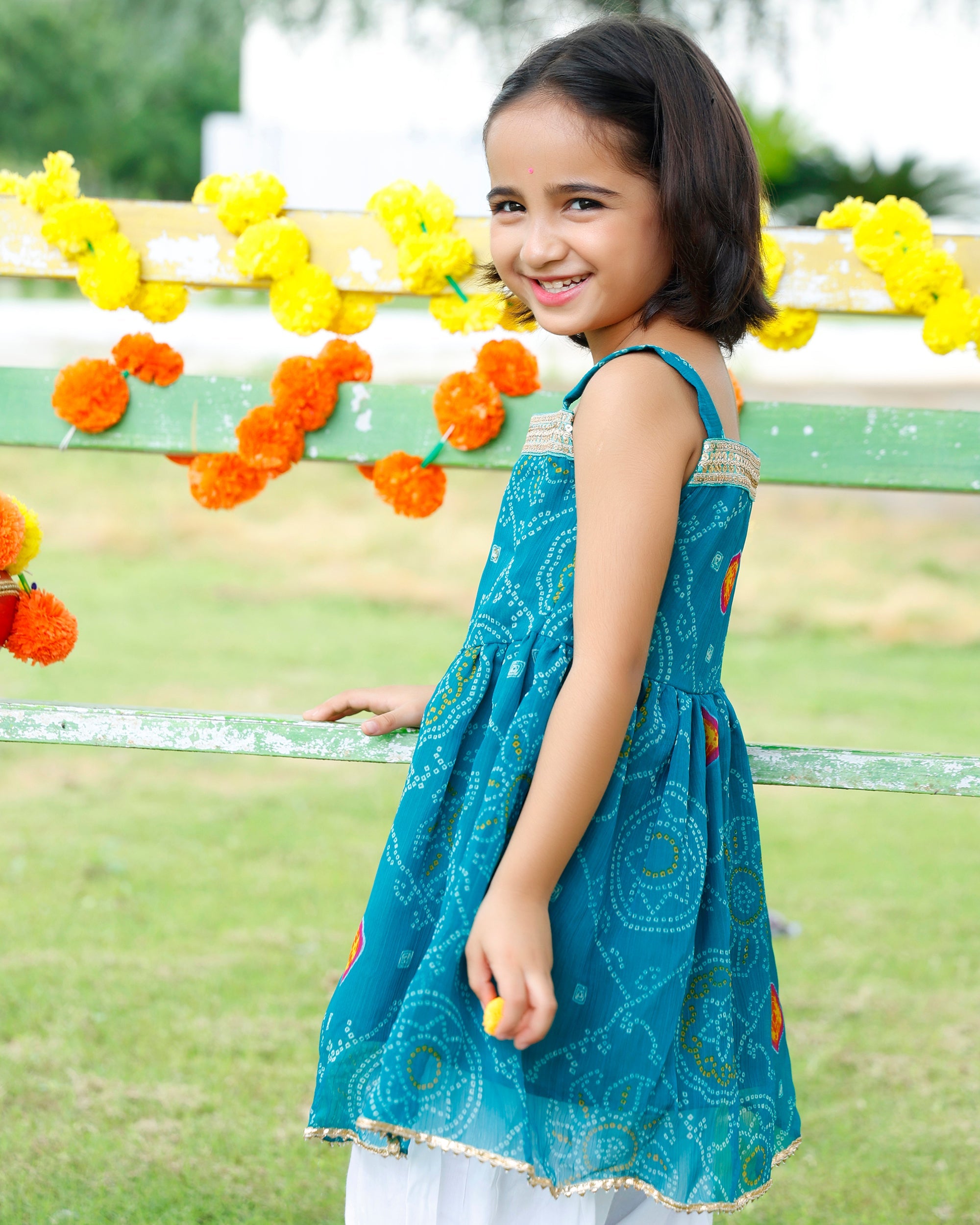 Girls Blue Short  Bandhej Kurta Set
