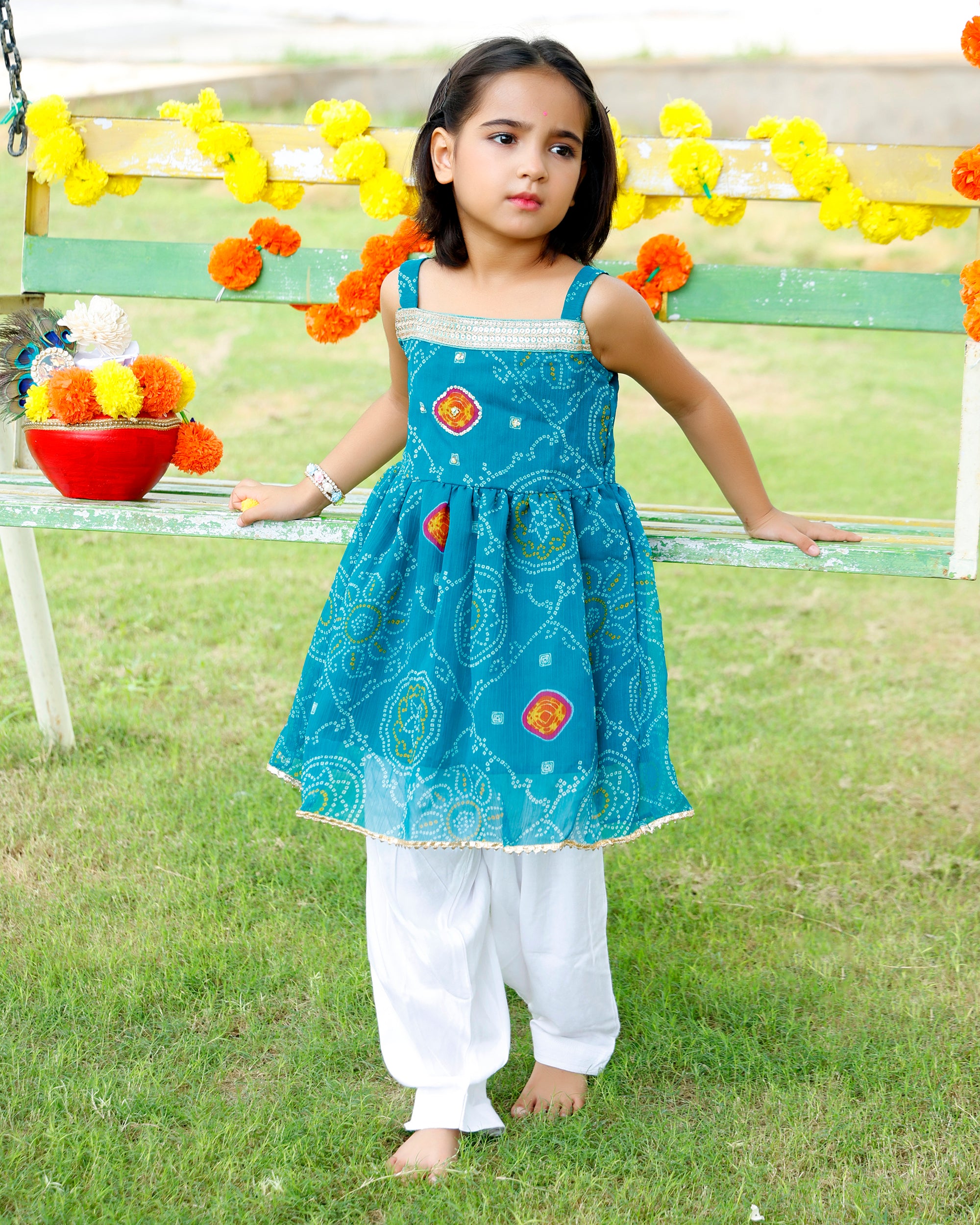 Girls Blue Short  Bandhej Kurta Set