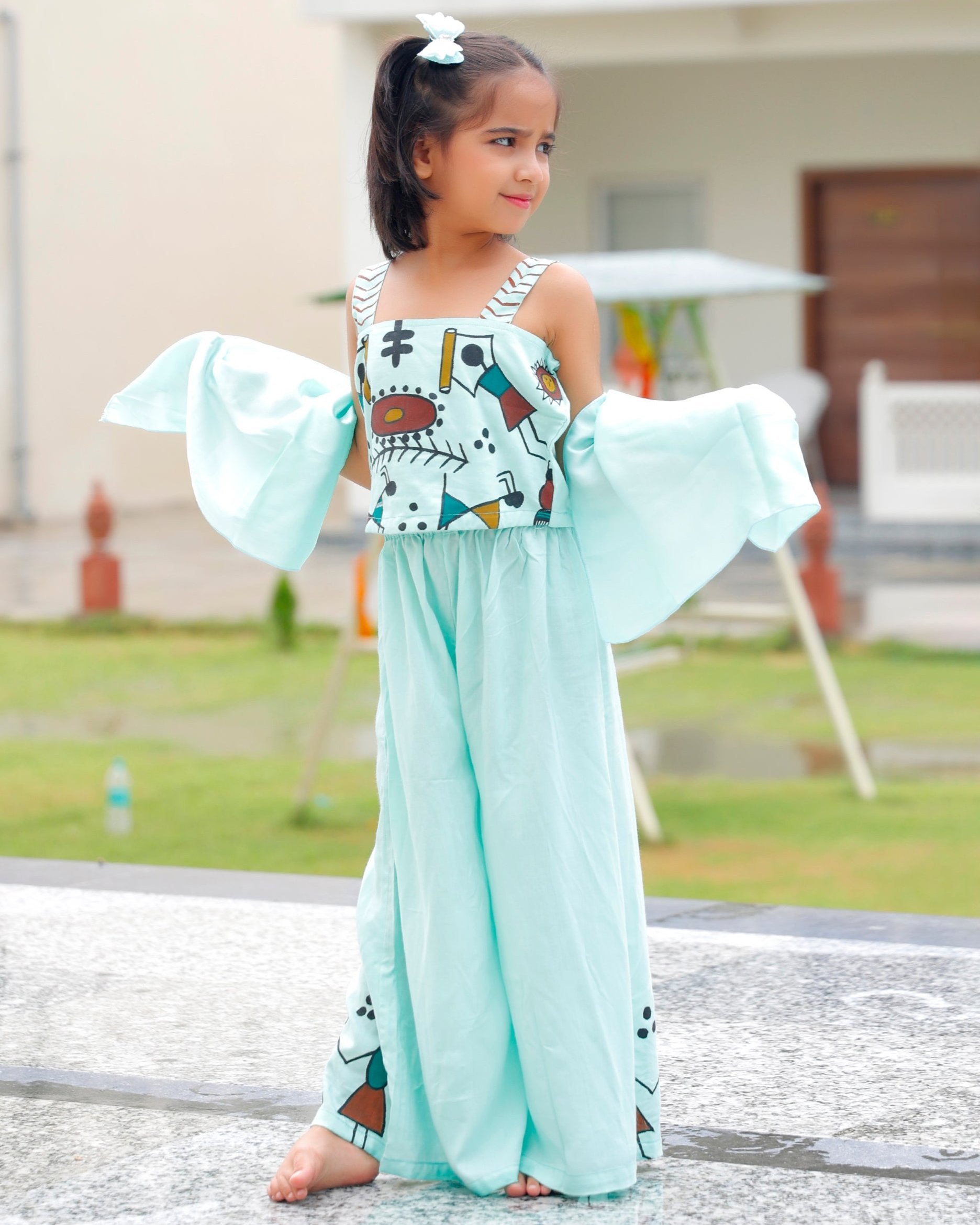 Glam Sea Blue Palazzo Set With Crop Top