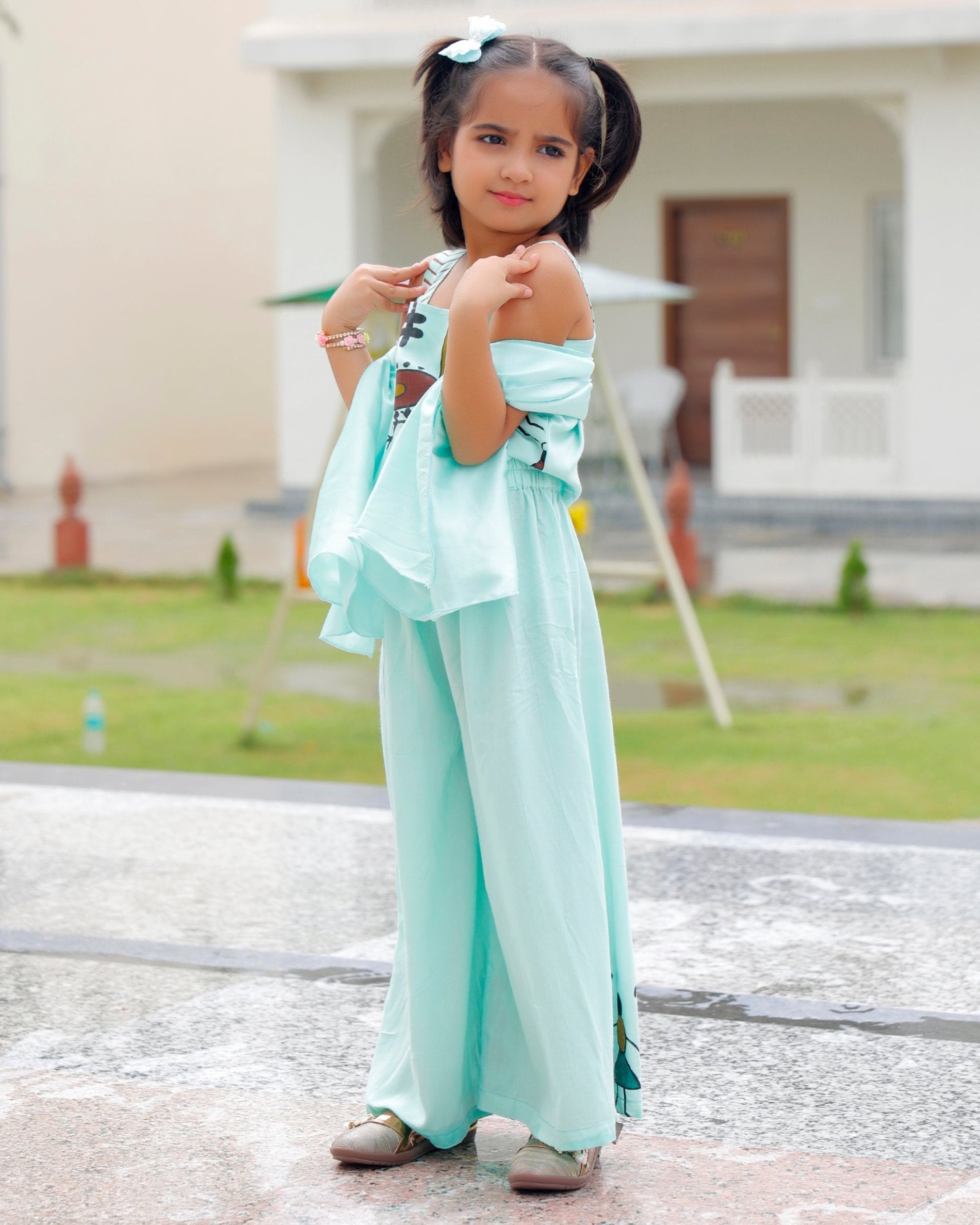 Glam Sea Blue Palazzo Set With Crop Top