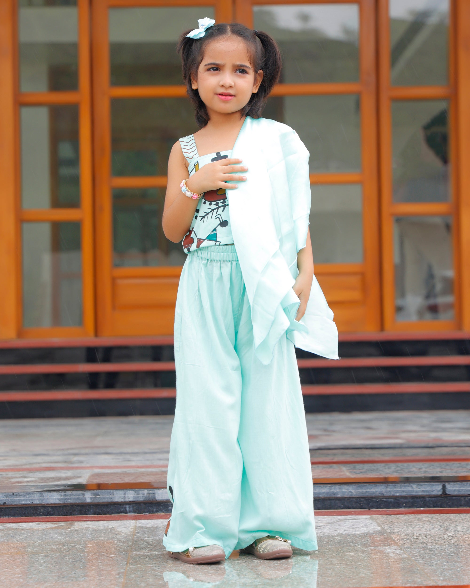 Glam Sea Blue Palazzo Set With Crop Top