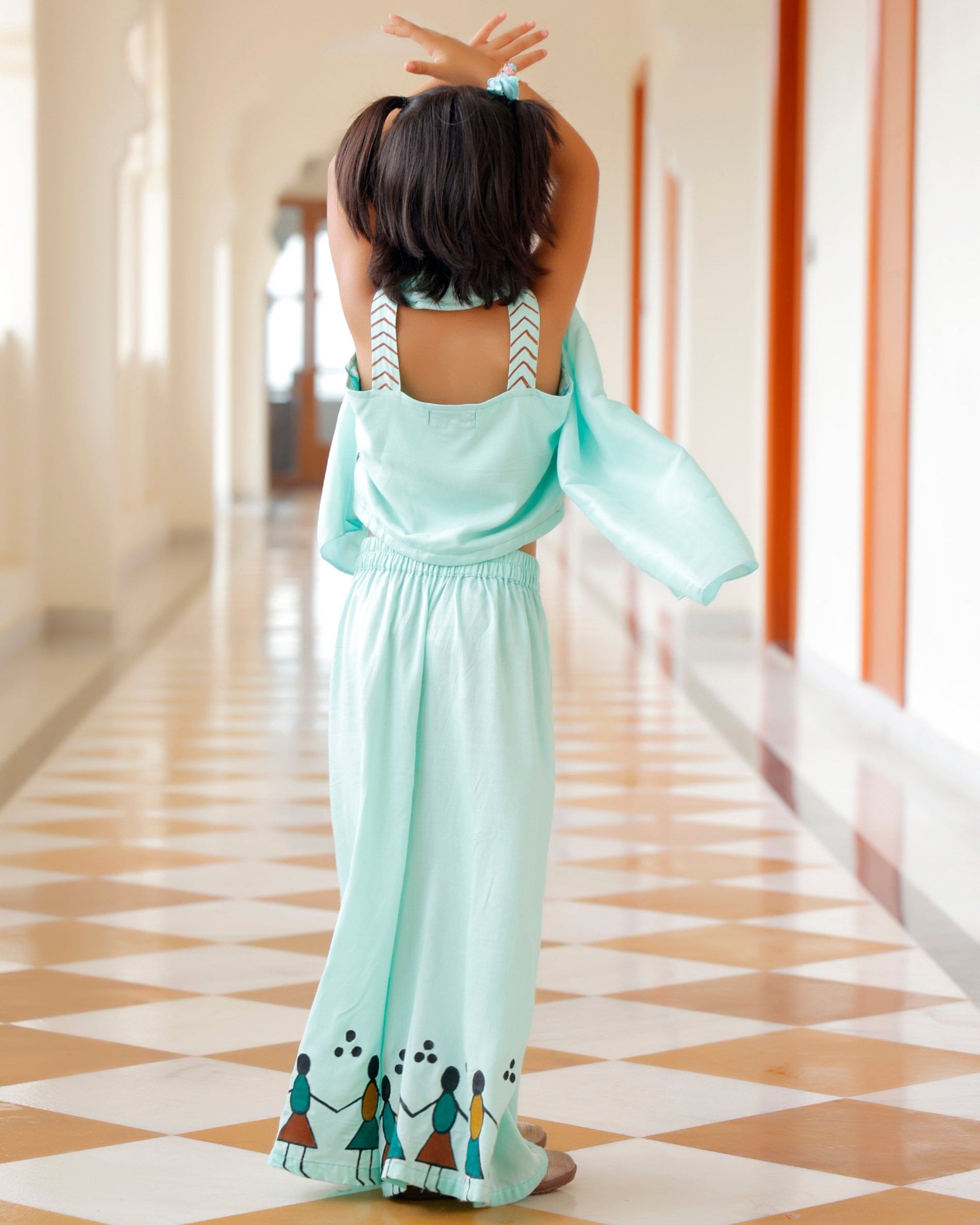 Glam Sea Blue Palazzo Set With Crop Top