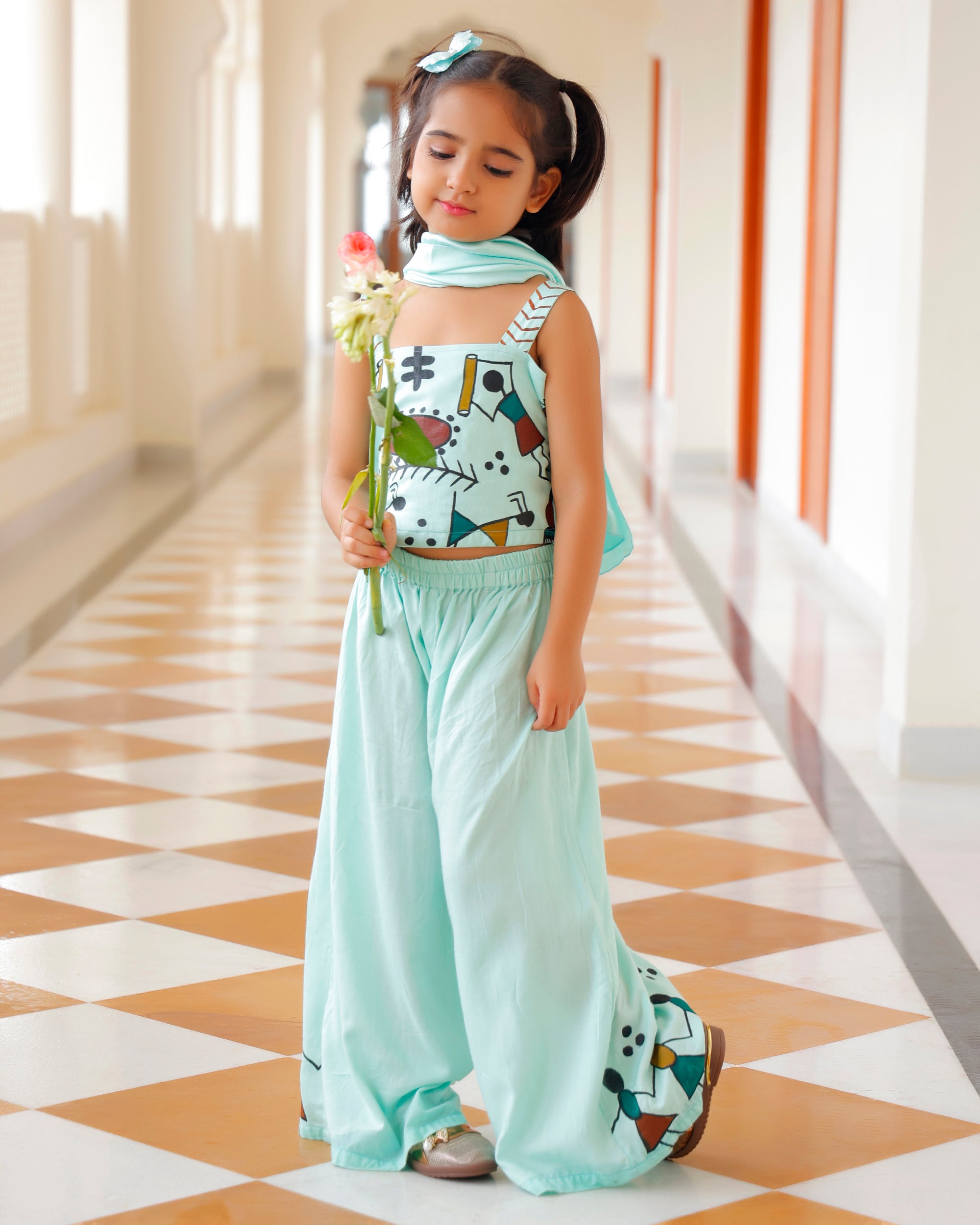 Glam Sea Blue Palazzo Set With Crop Top