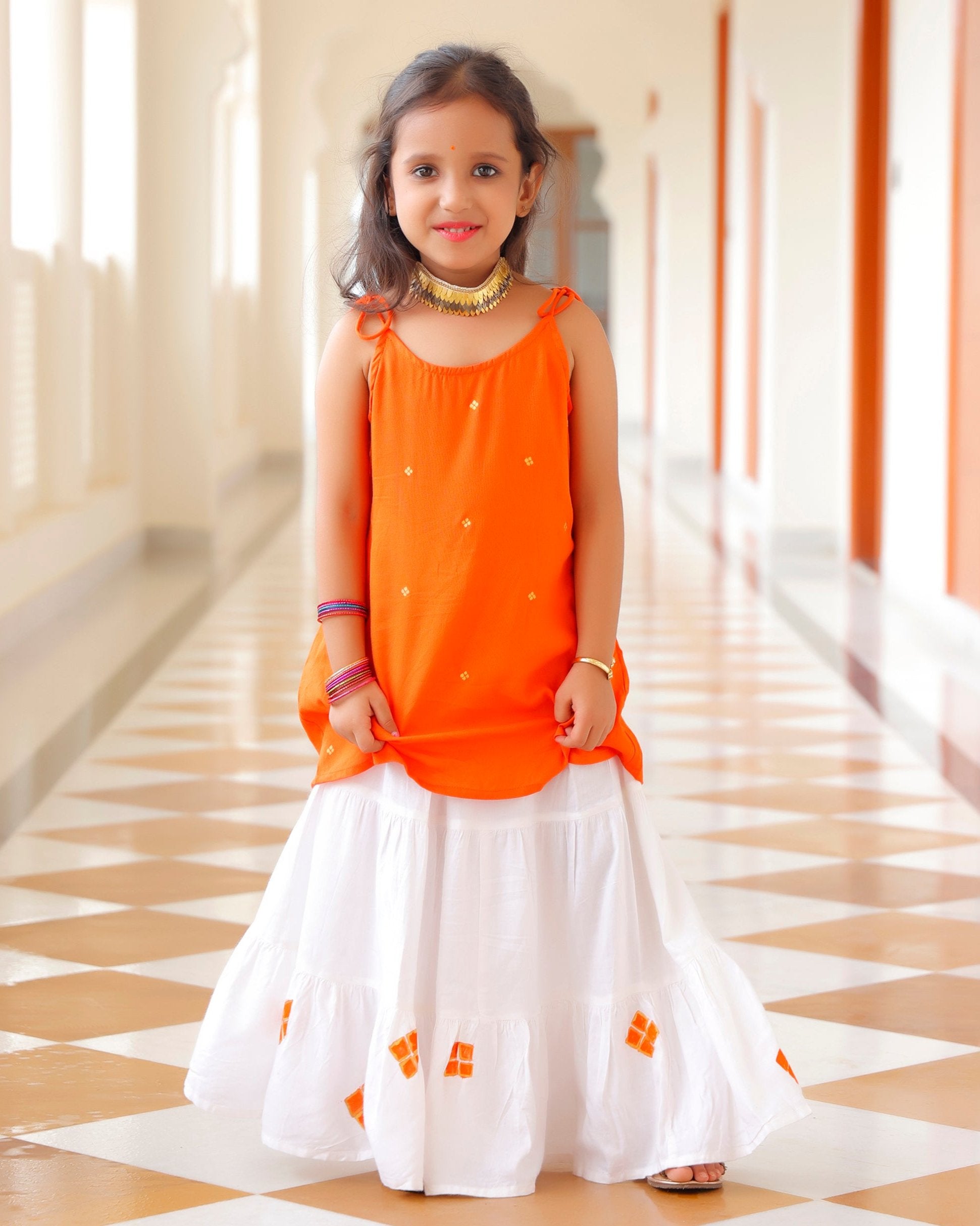 strapless open back dress Saffron Orange Kids skirt Set