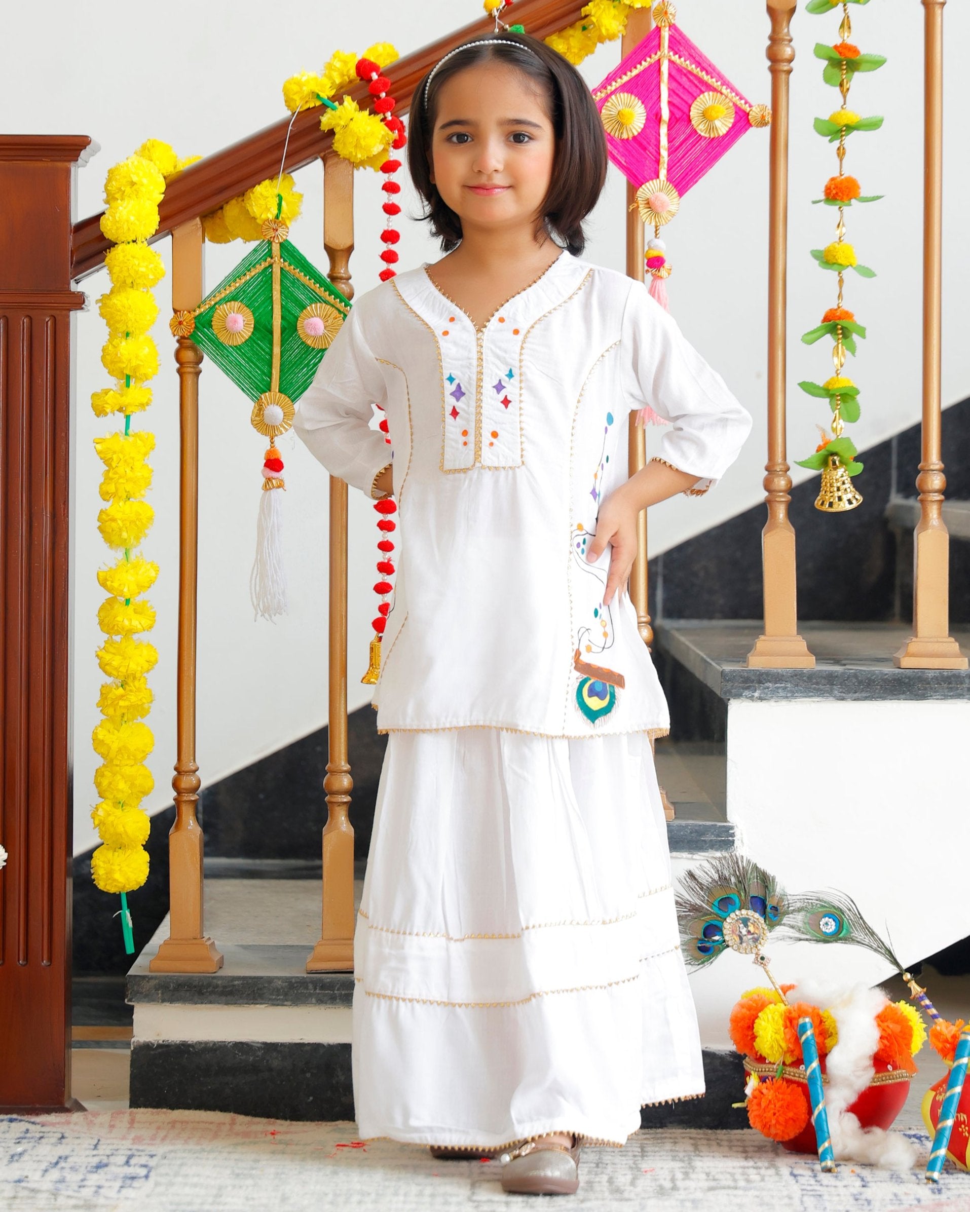 Little Radha White Kurta With Skirt Set