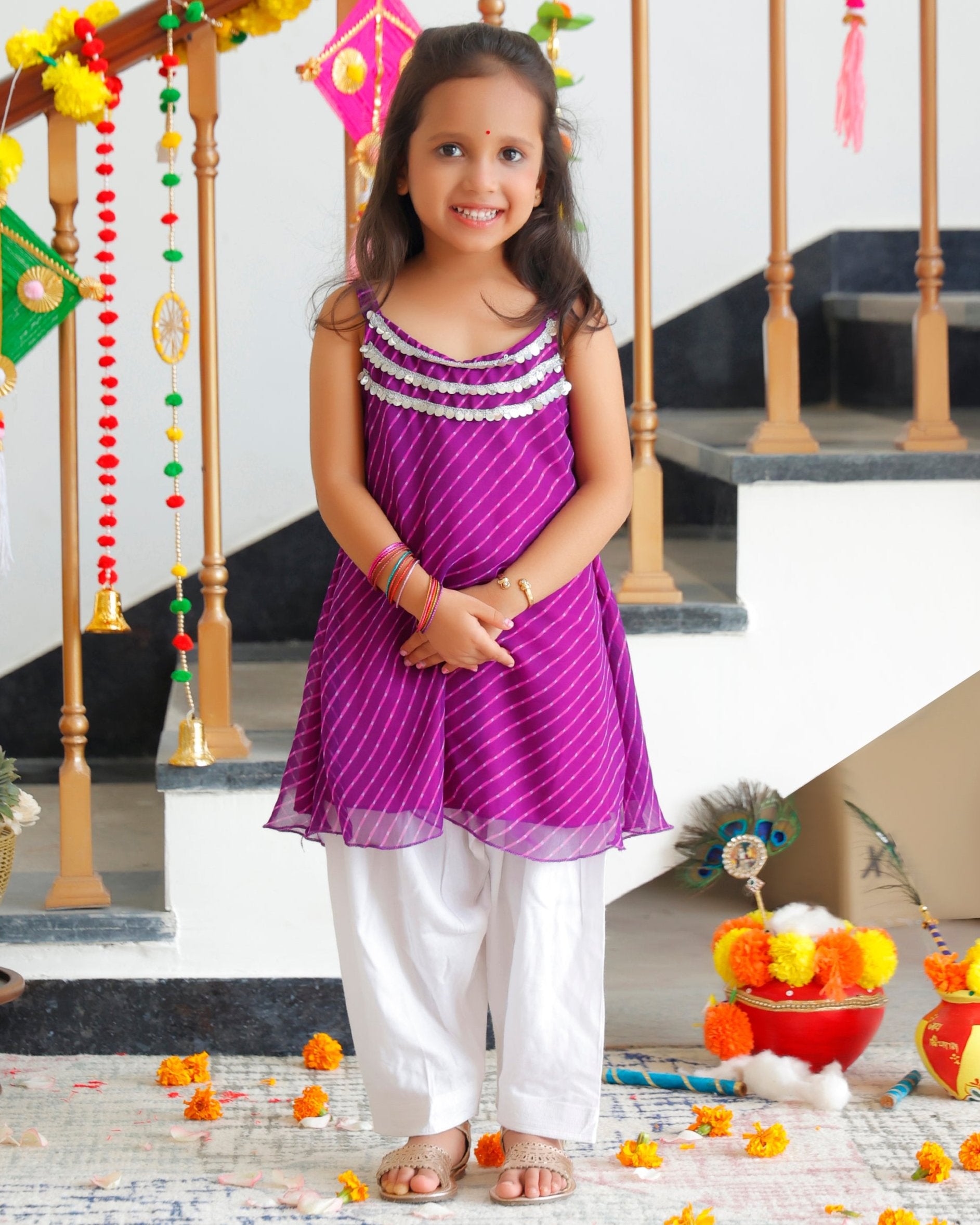 Kids Purple Leheriya Kurta Set