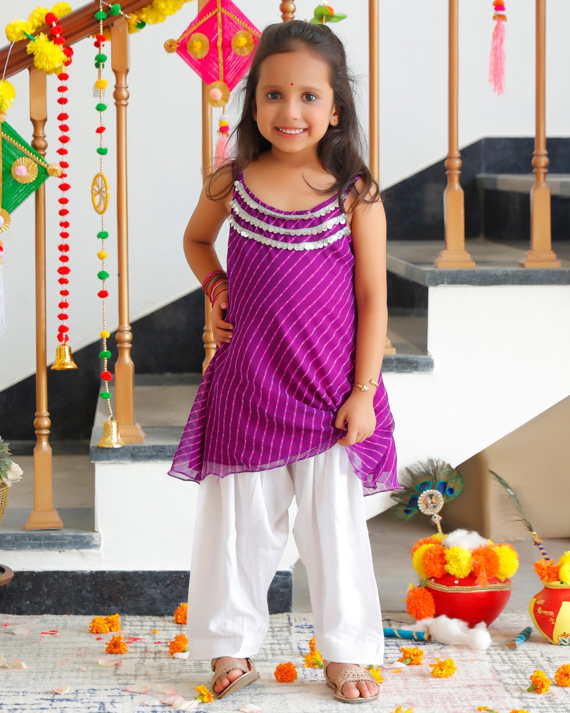 Kids Purple Leheriya Kurta Set