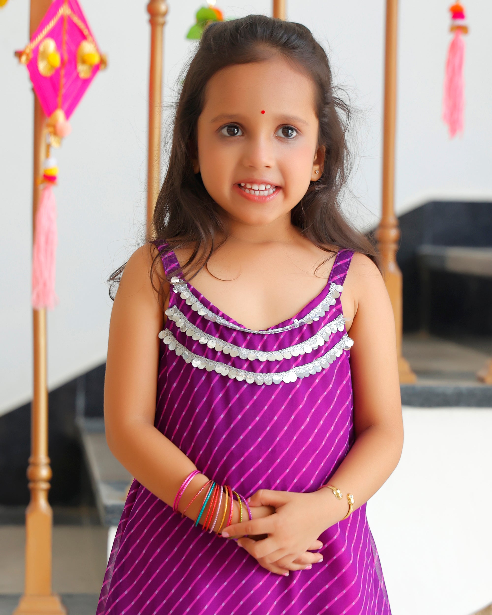 Kids Purple Leheriya Kurta Set