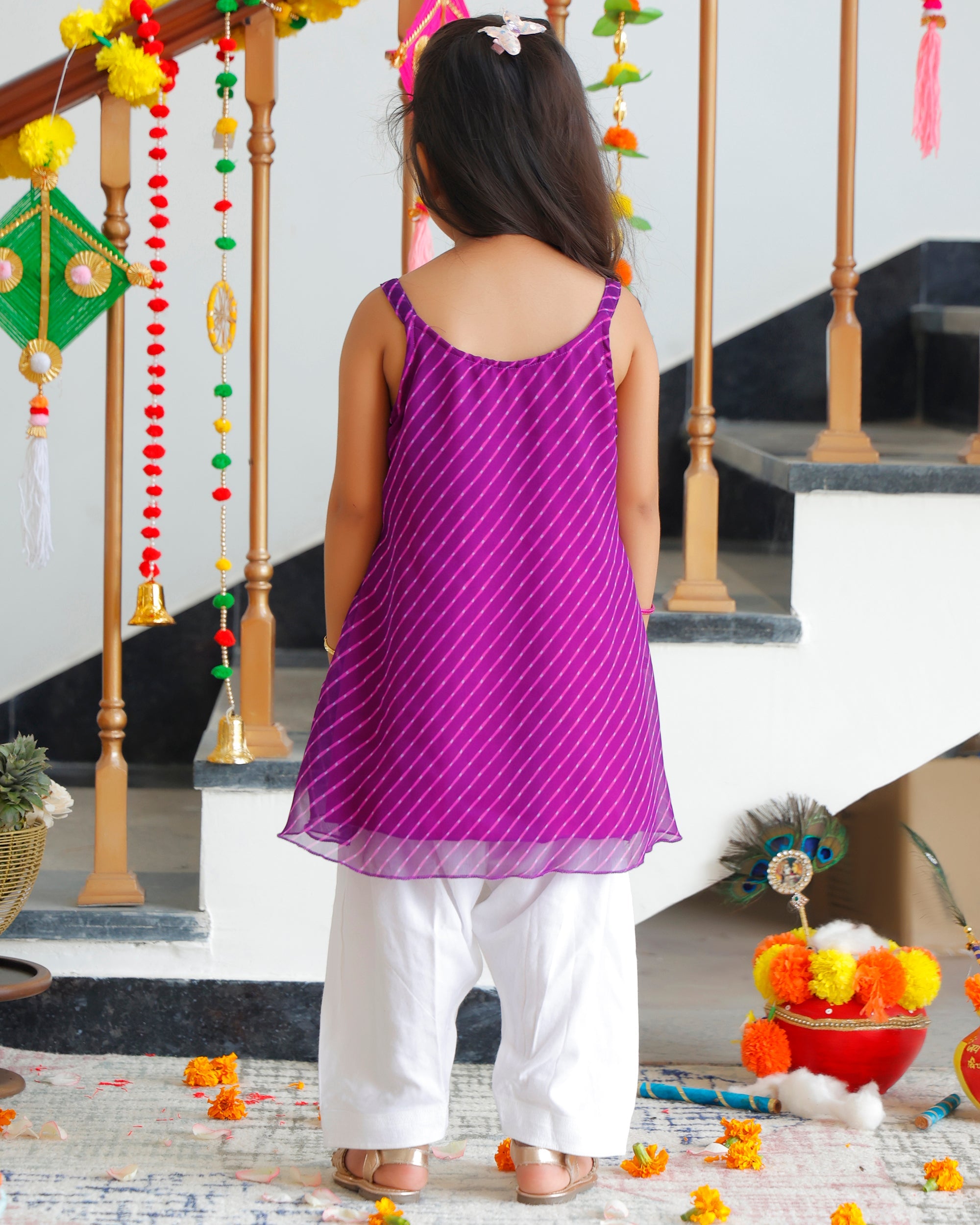 Kids Purple Leheriya Kurta Set